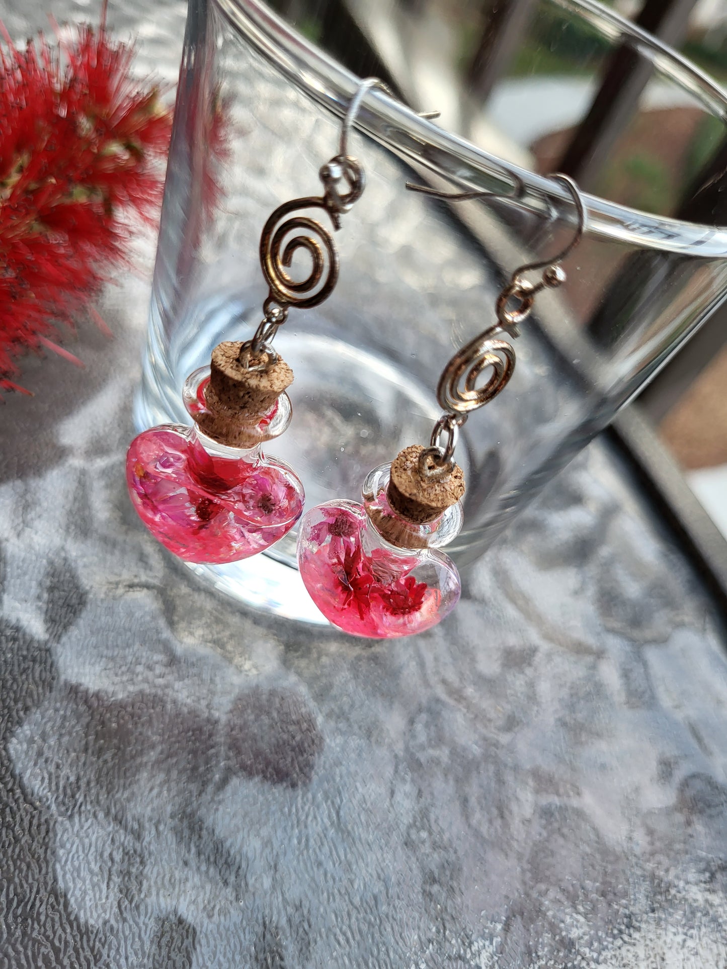 Glass Heart Cork Bottle Hook Earrings With Real Flowers