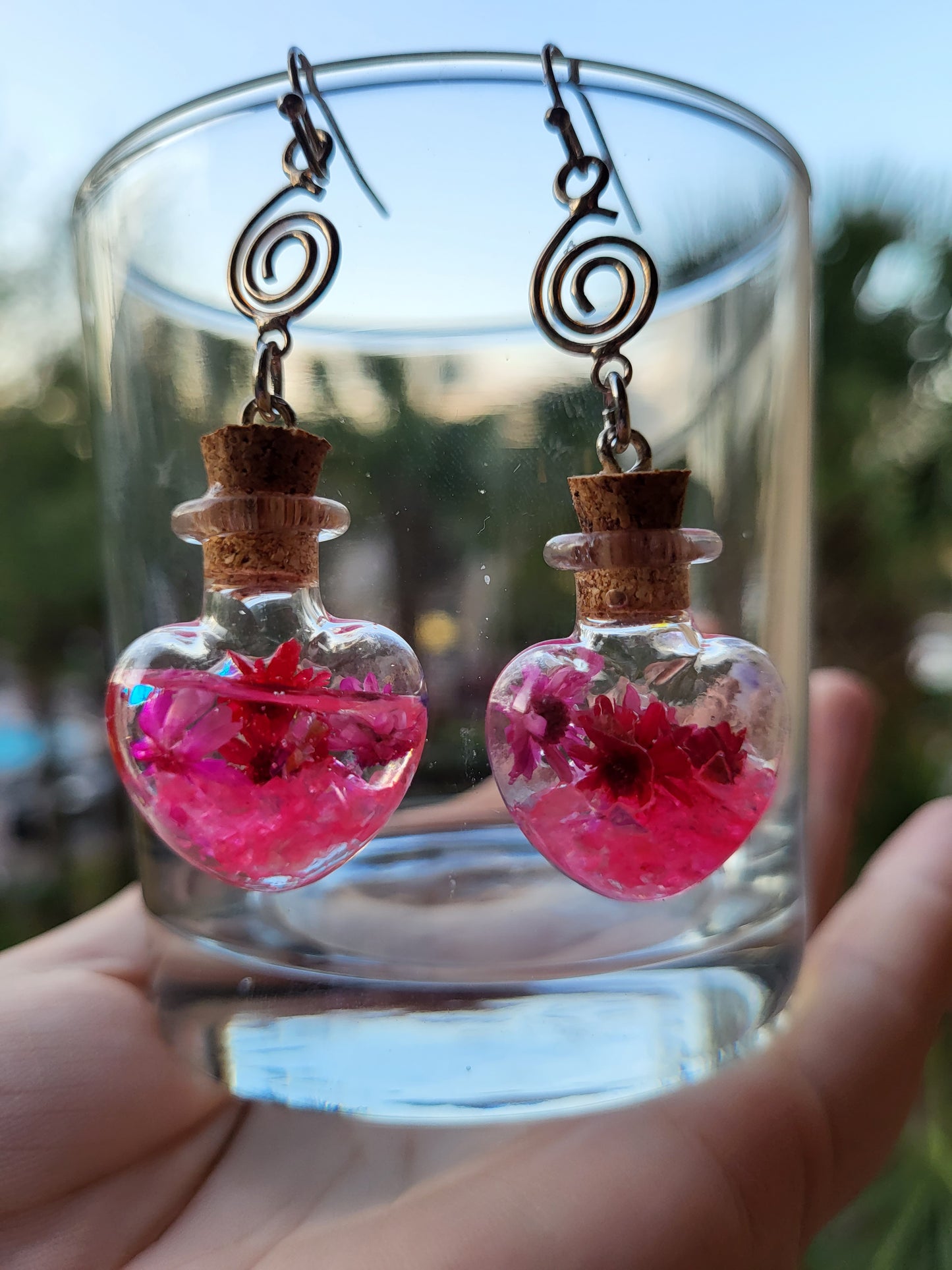 Glass Heart Cork Bottle Hook Earrings With Real Flowers