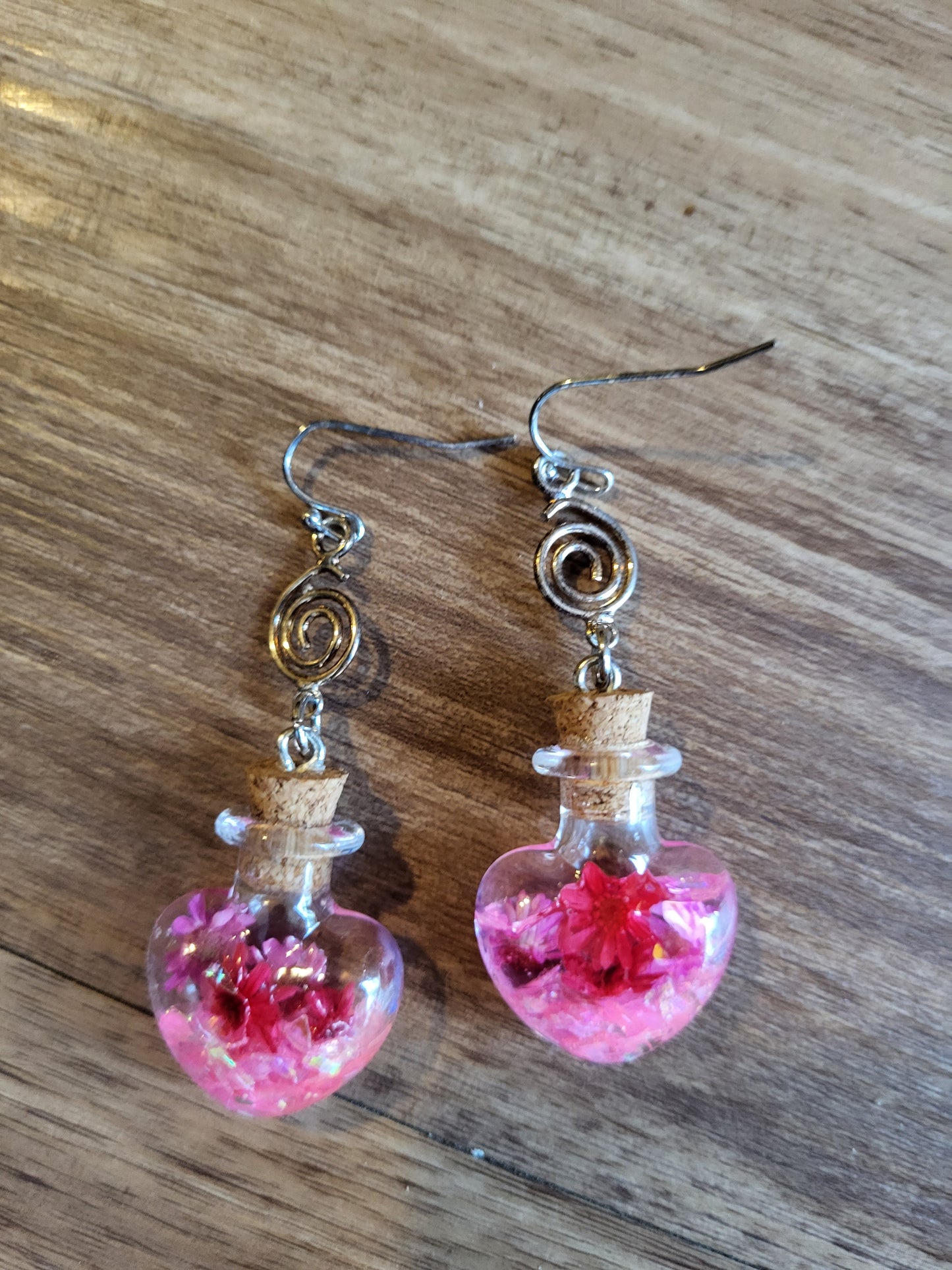 Glass Heart Cork Bottle Hook Earrings With Real Flowers