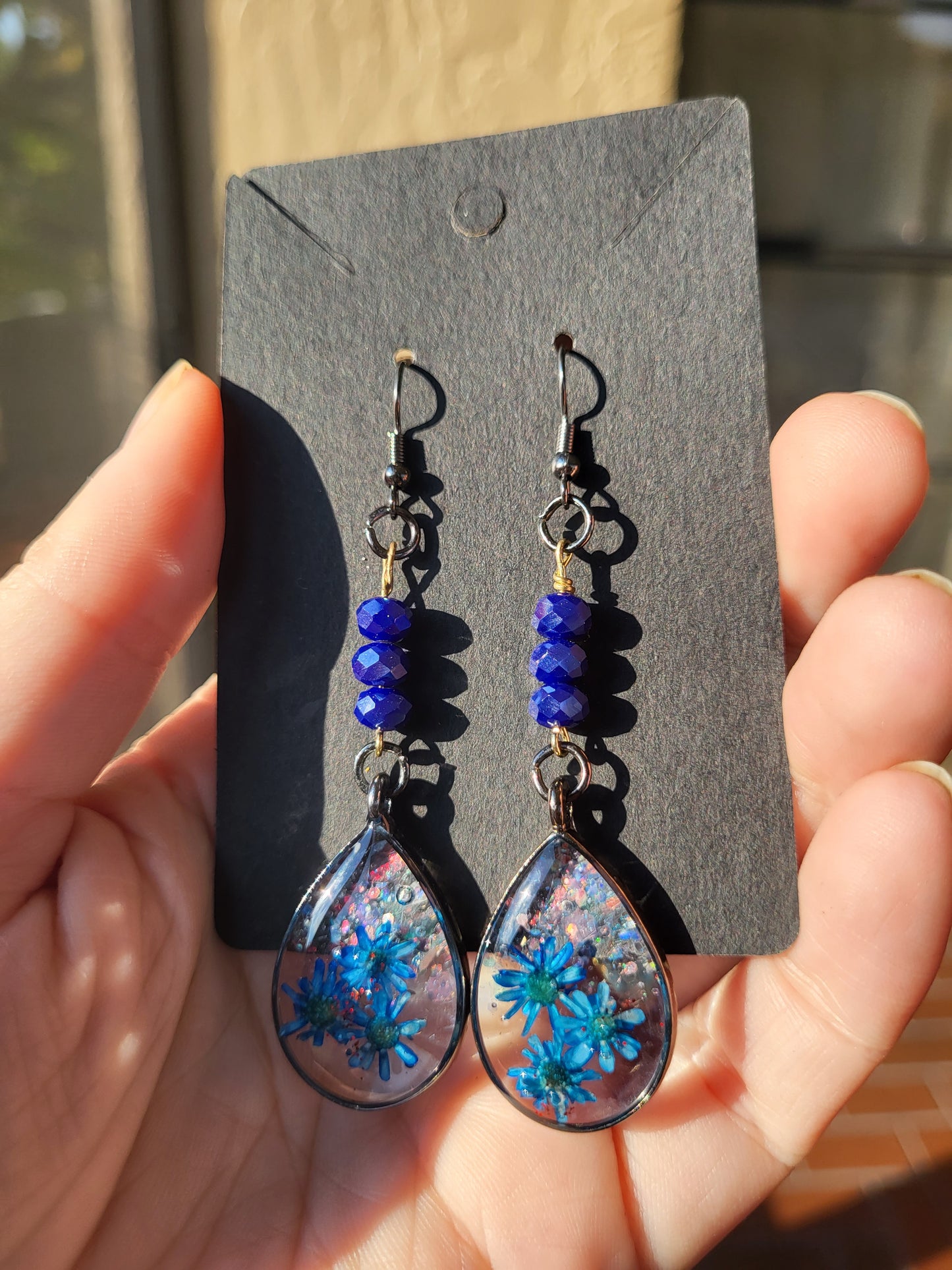 Blue Beaded Teardrop Hook Earrings W/Real Flowers