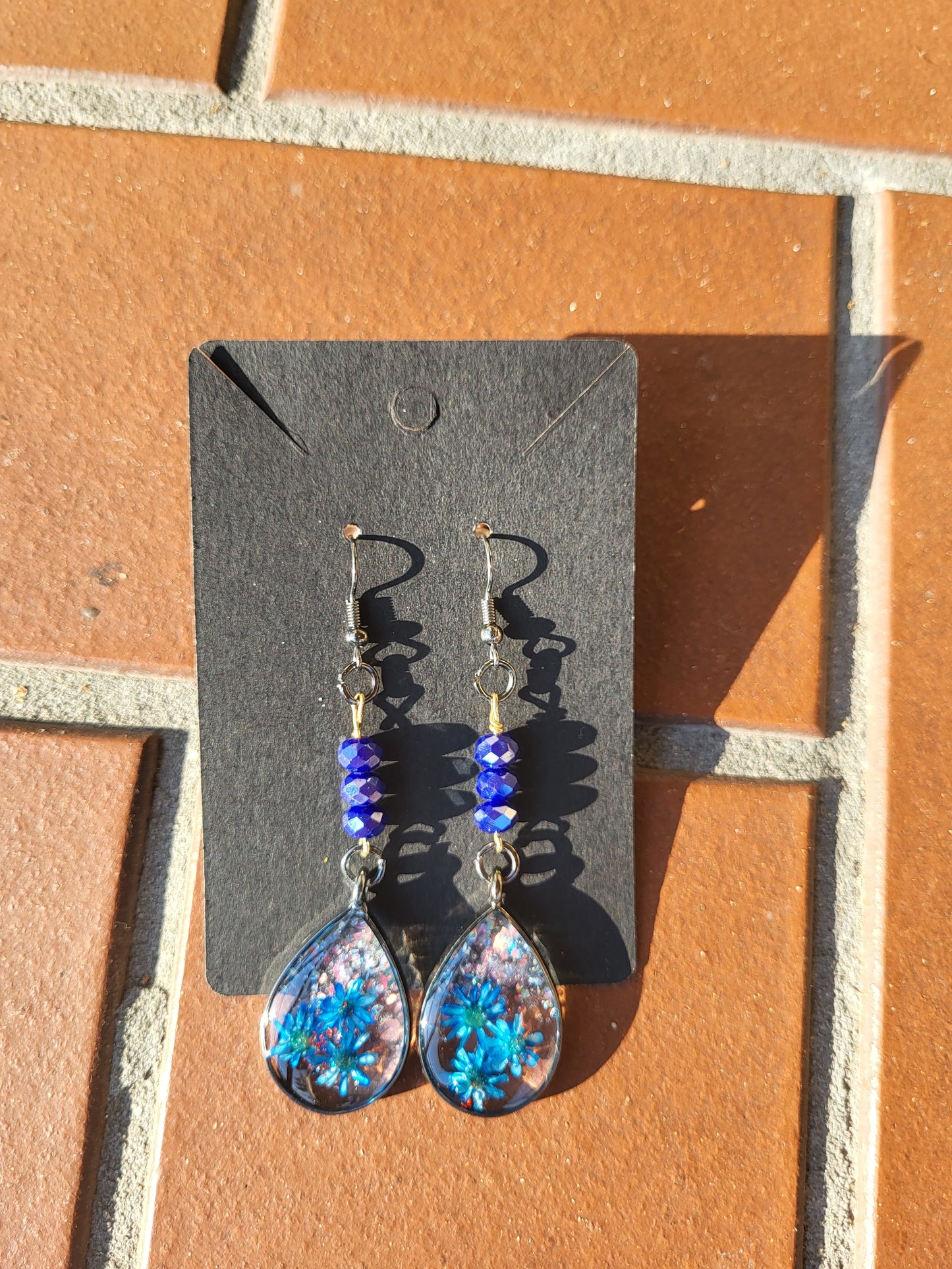 Blue Beaded Teardrop Hook Earrings W/Real Flowers