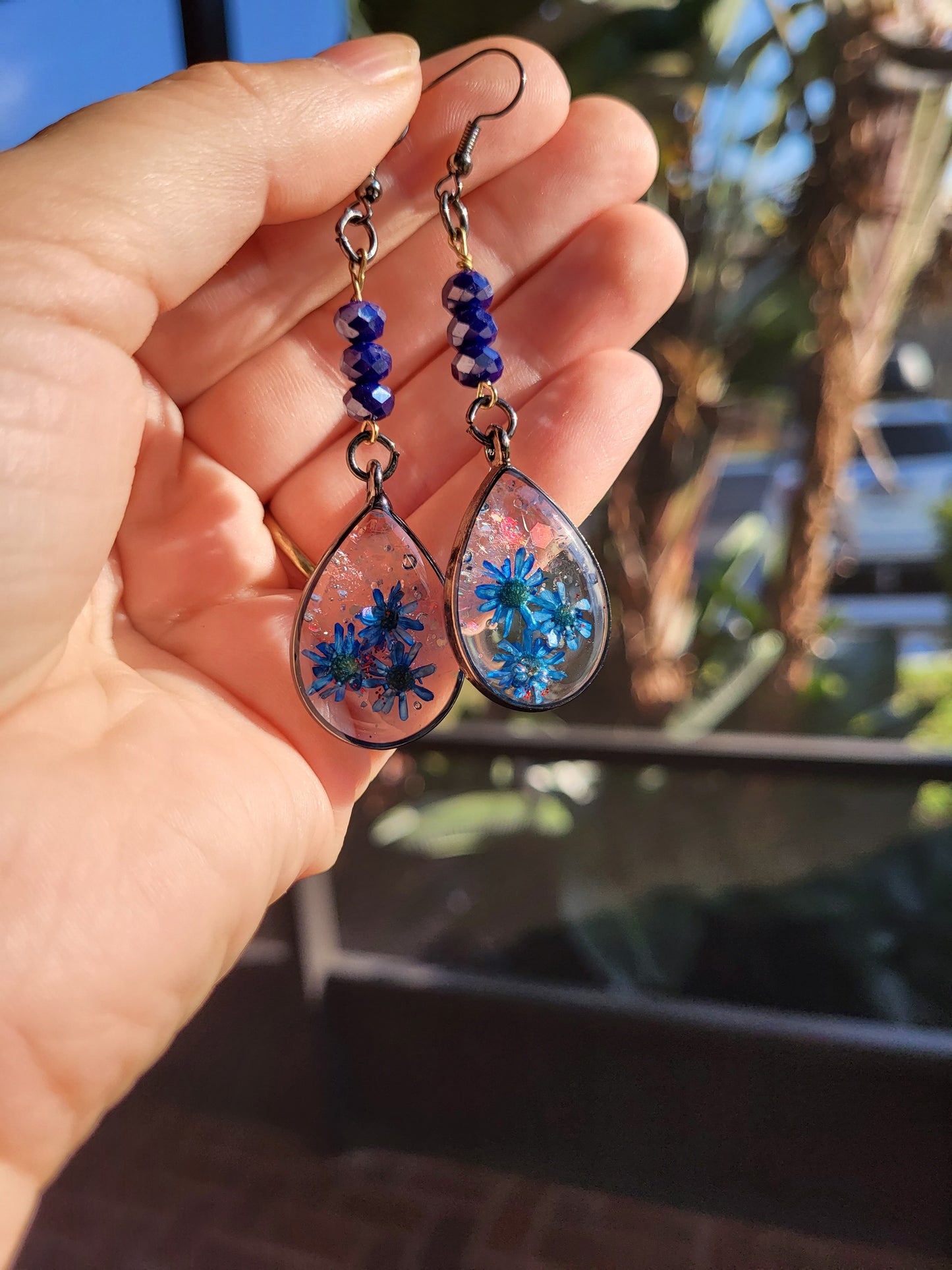 Blue Beaded Teardrop Hook Earrings W/Real Flowers