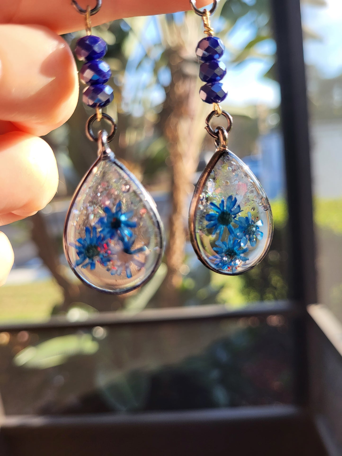 Blue Beaded Teardrop Hook Earrings W/Real Flowers