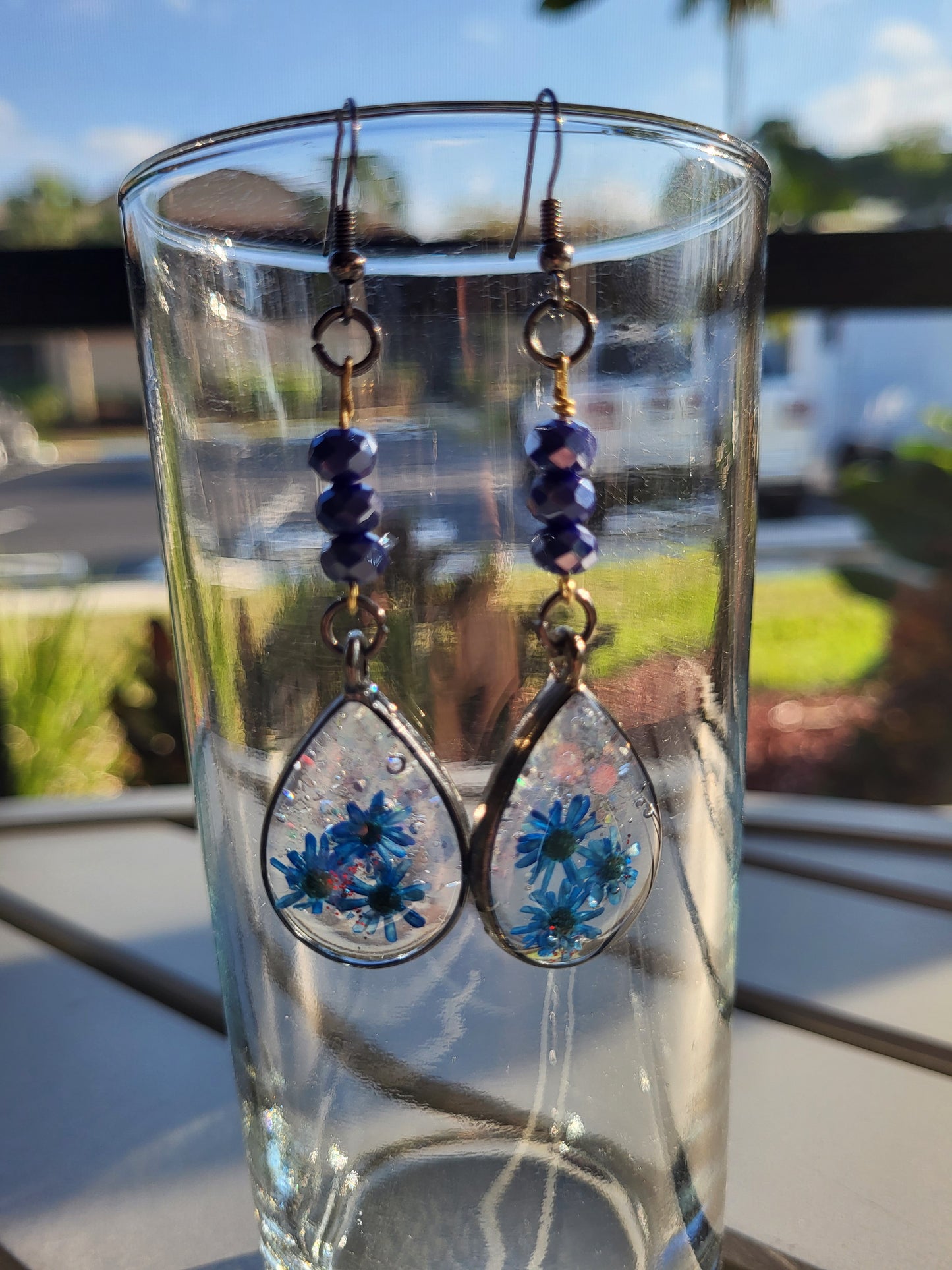 Blue Beaded Teardrop Hook Earrings W/Real Flowers