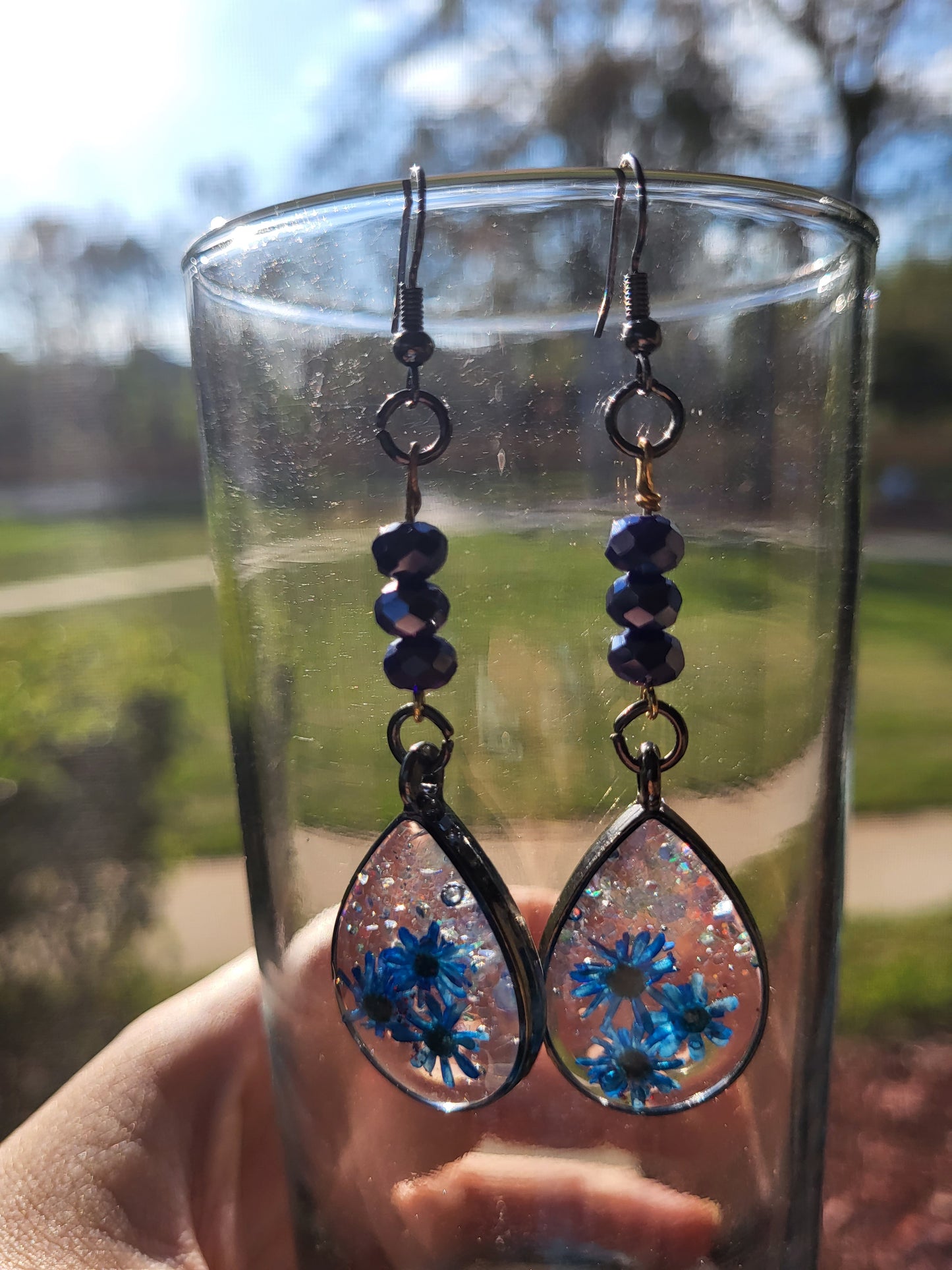 Blue Beaded Teardrop Hook Earrings W/Real Flowers