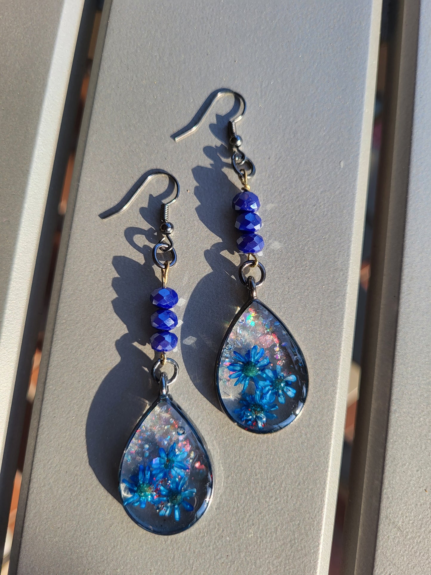 Blue Beaded Teardrop Hook Earrings W/Real Flowers