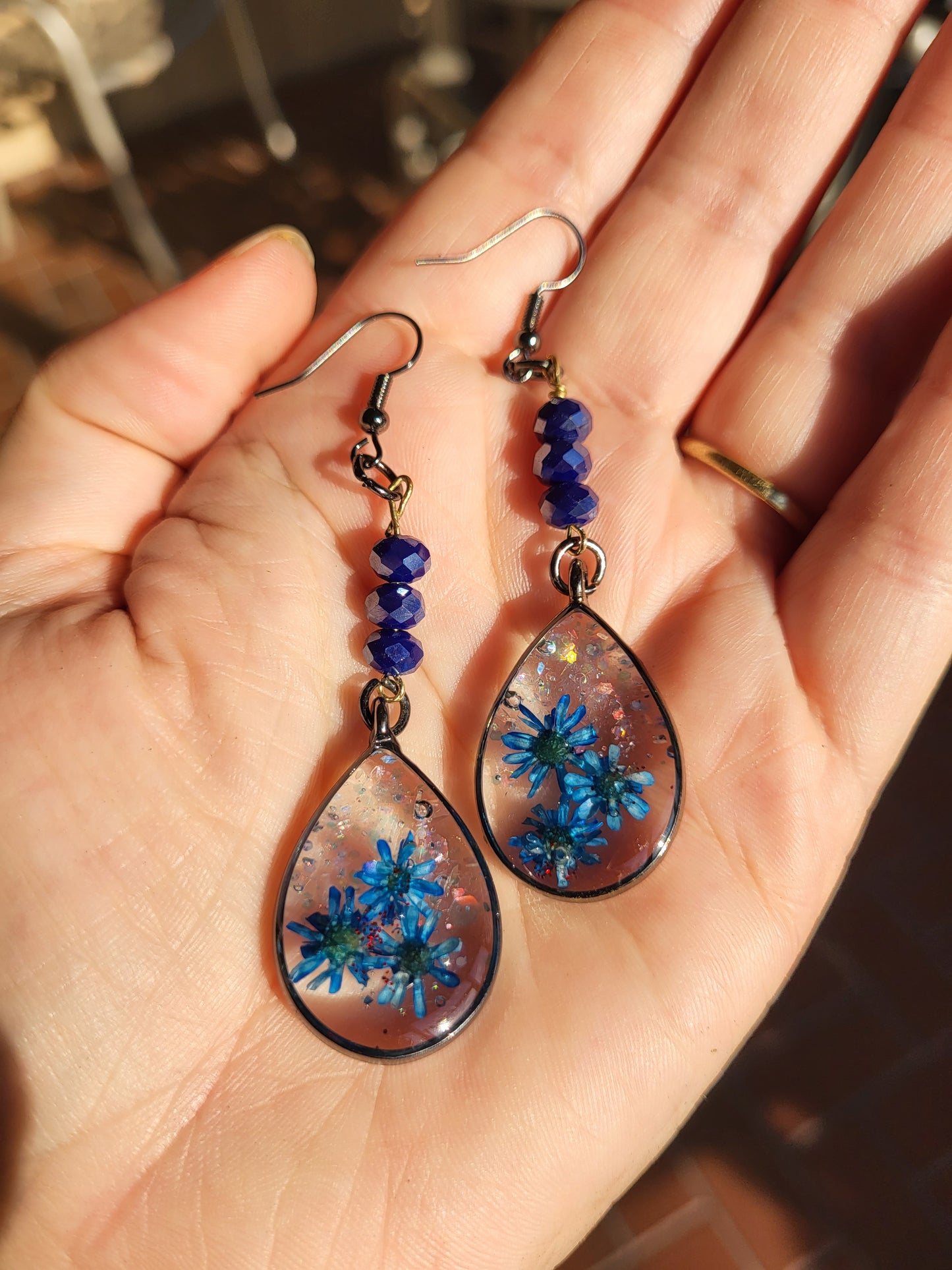 Blue Beaded Teardrop Hook Earrings W/Real Flowers