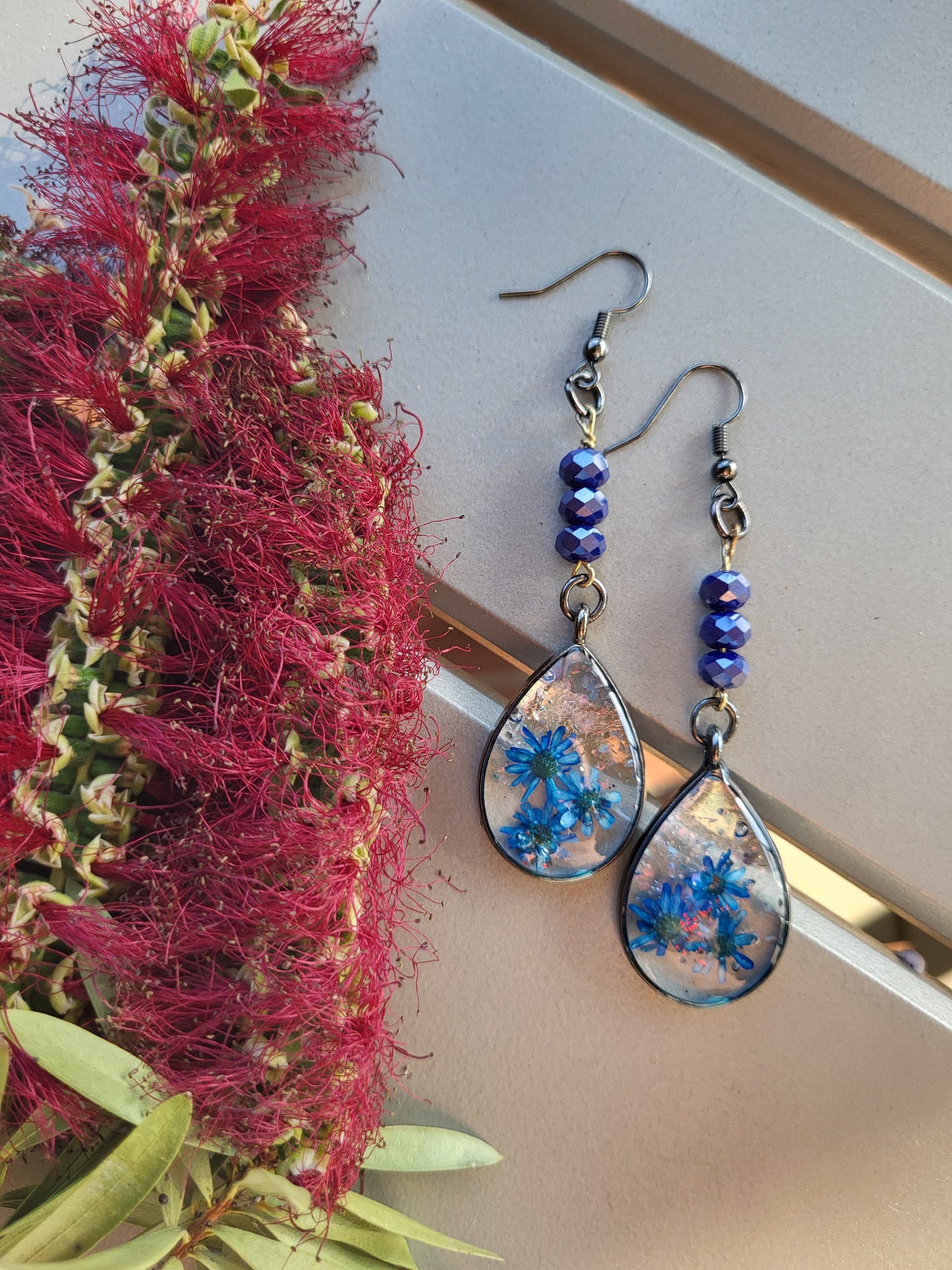 Blue Beaded Teardrop Hook Earrings W/Real Flowers