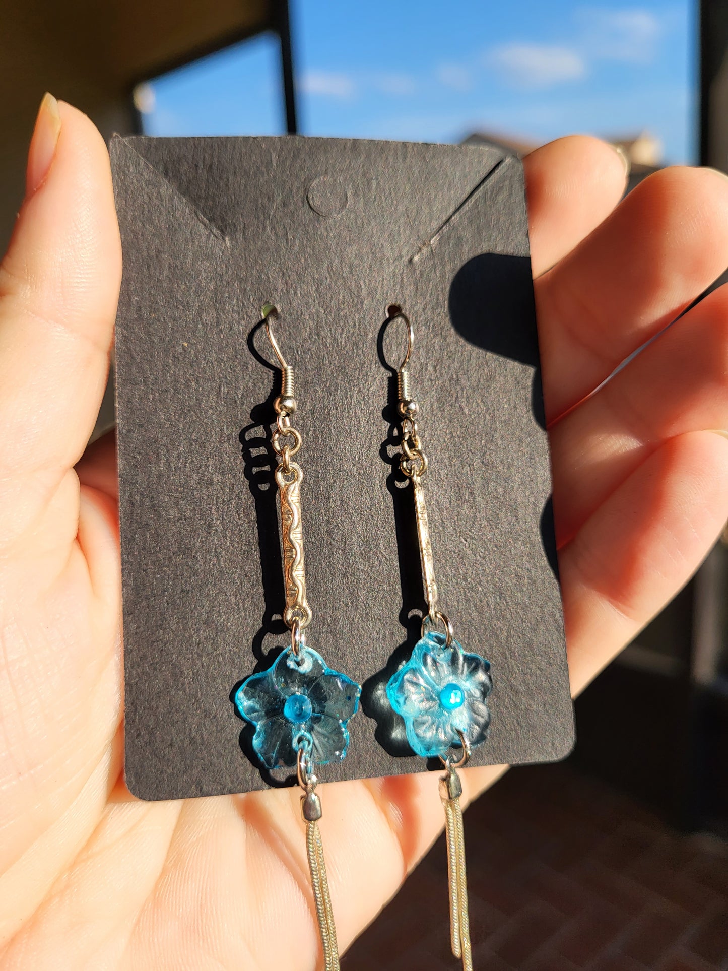 Blue And Silver Elegant Flower Hook Earrings