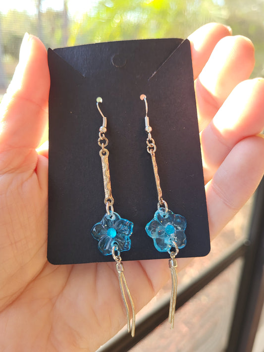 Blue And Silver Elegant Flower Hook Earrings