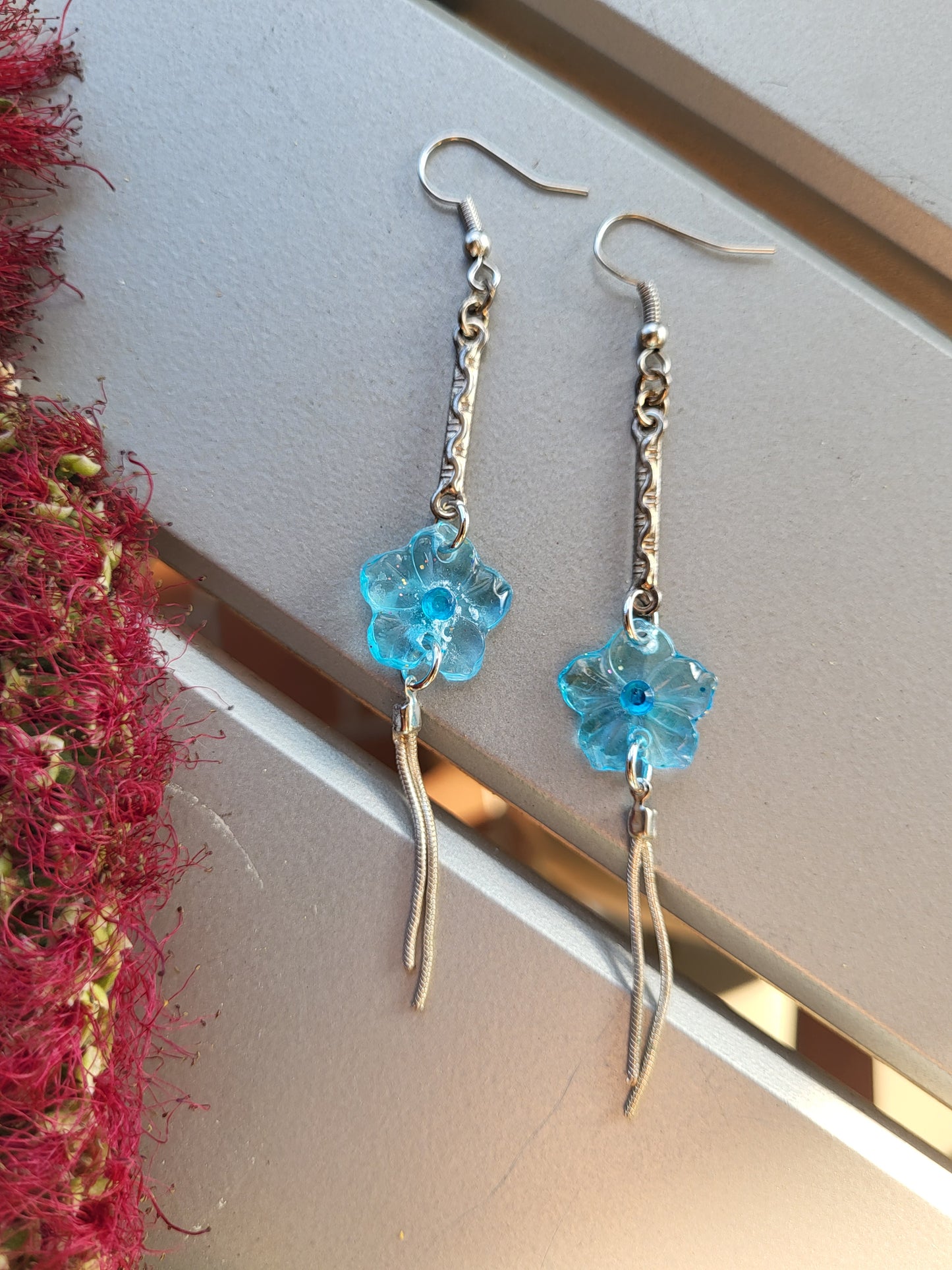 Blue And Silver Elegant Flower Hook Earrings