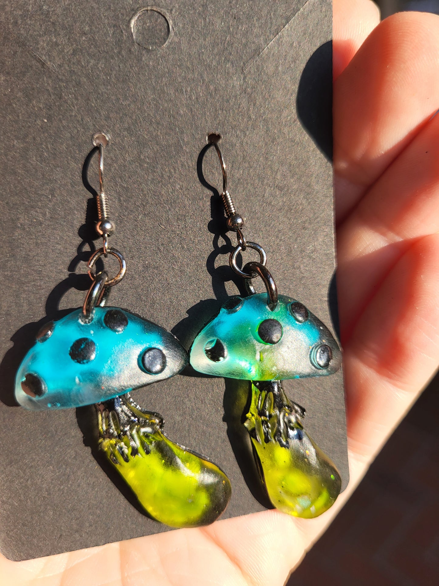 Sage Green & Blue Mushroom Hook Earrings