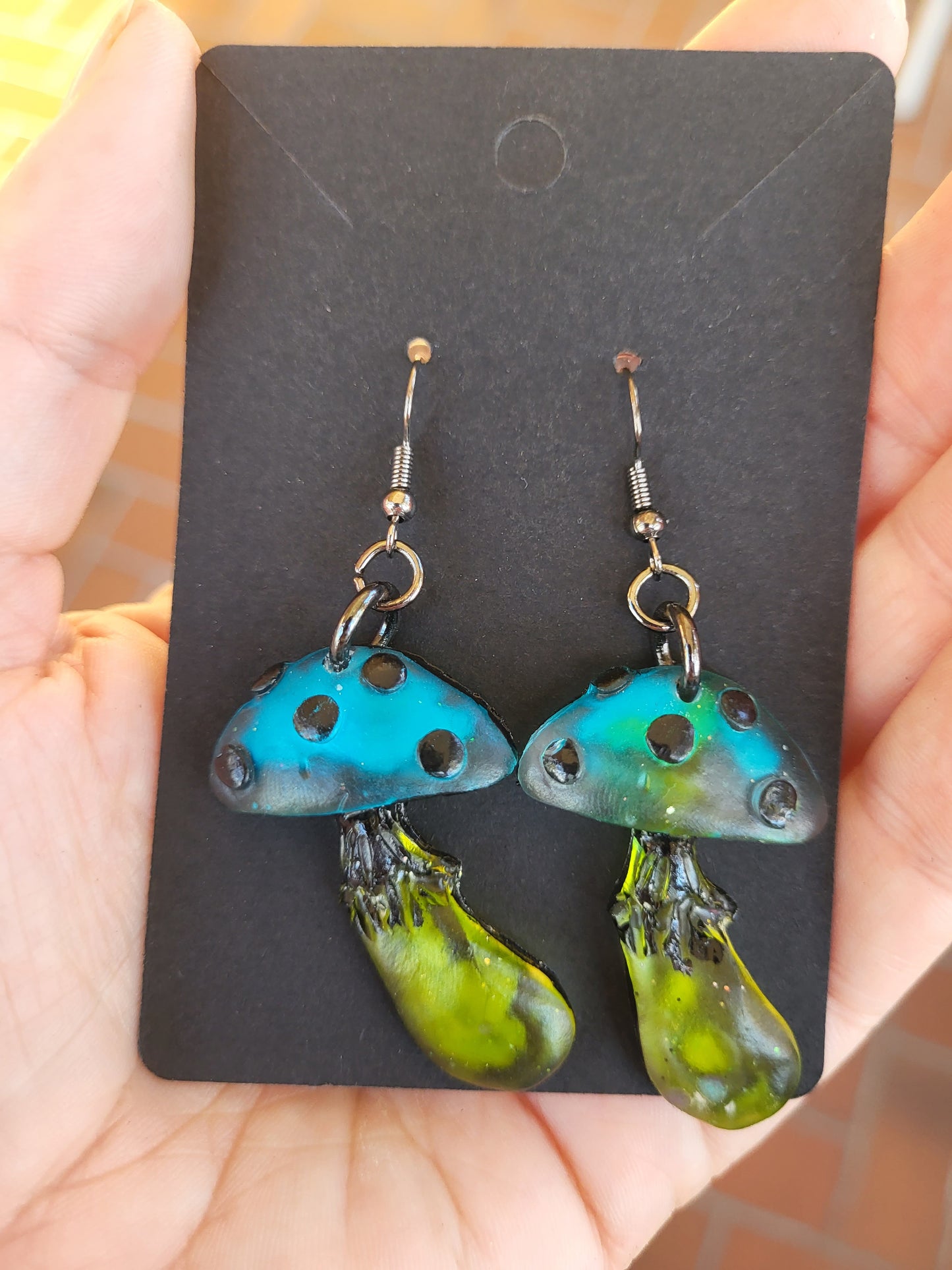 Sage Green & Blue Mushroom Hook Earrings