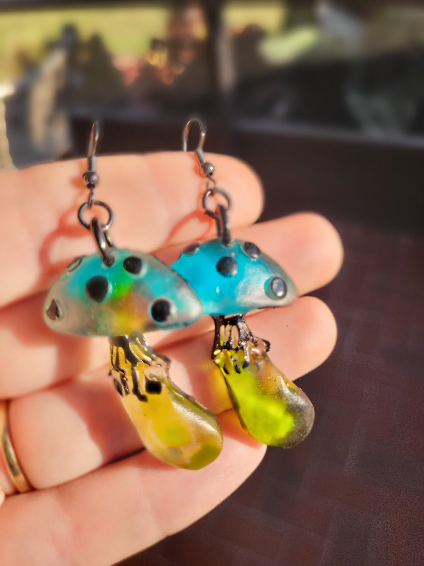 Sage Green & Blue Mushroom Hook Earrings