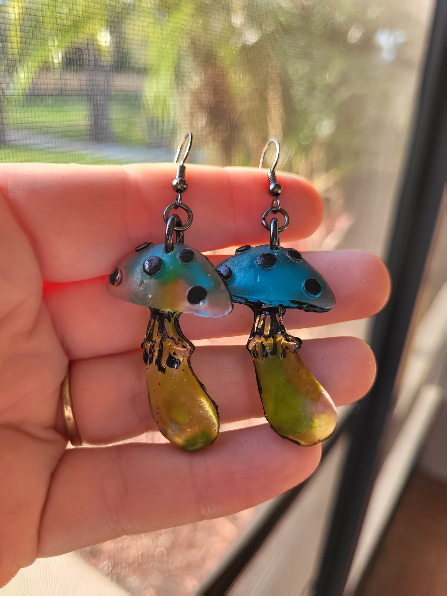 Sage Green & Blue Mushroom Hook Earrings