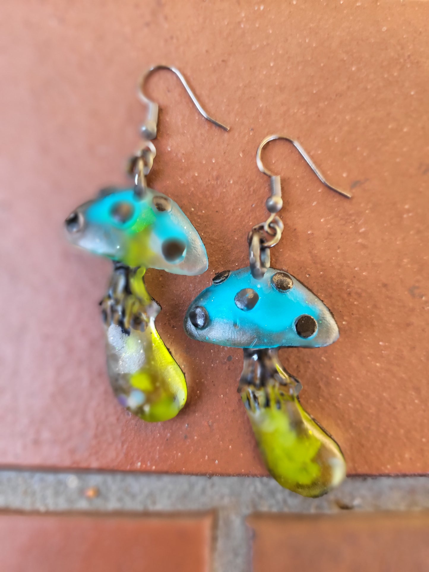 Sage Green & Blue Mushroom Hook Earrings