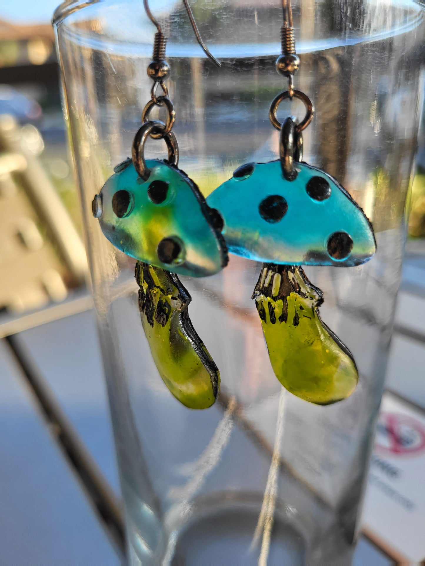 Sage Green & Blue Mushroom Hook Earrings