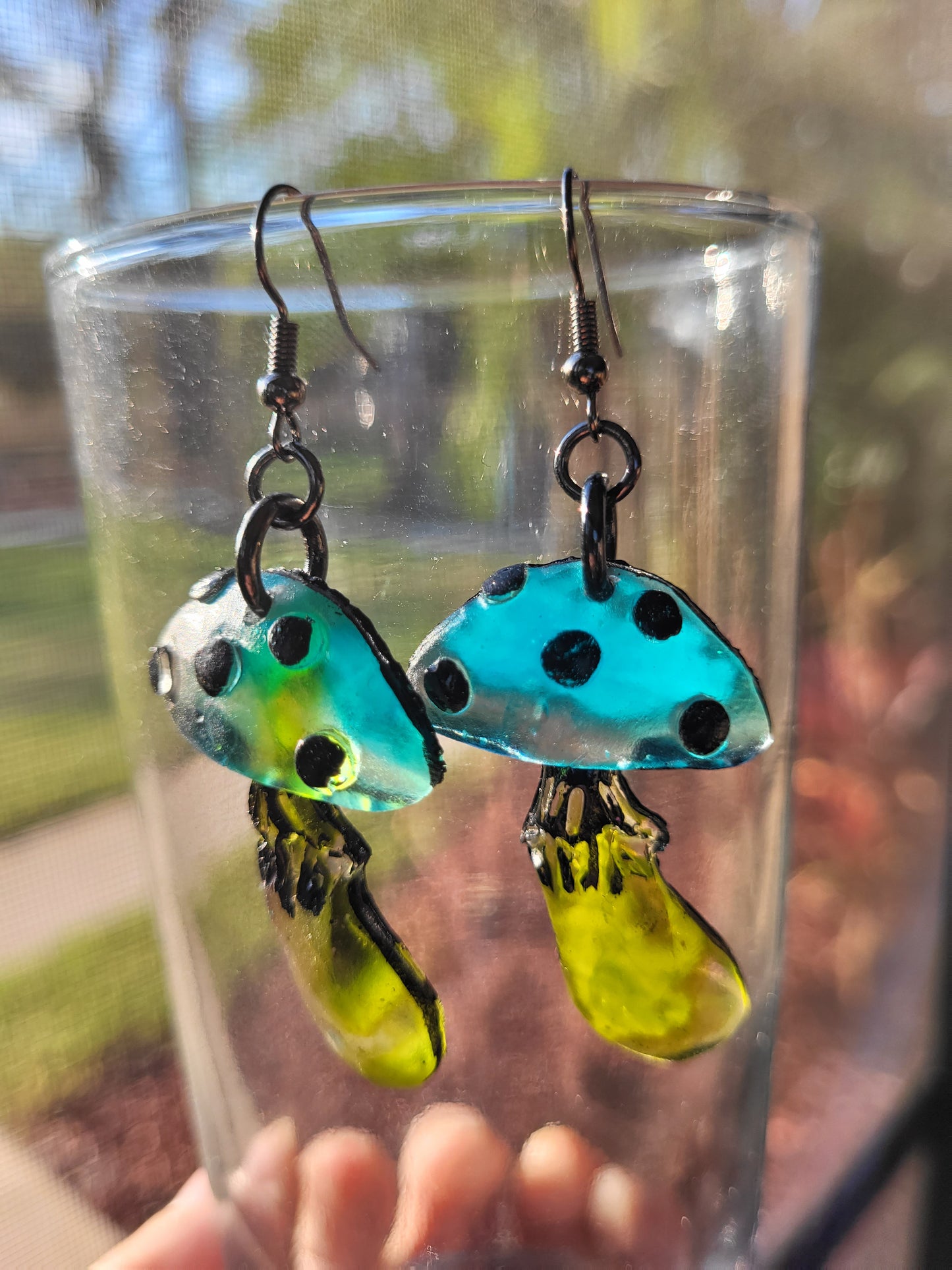 Sage Green & Blue Mushroom Hook Earrings