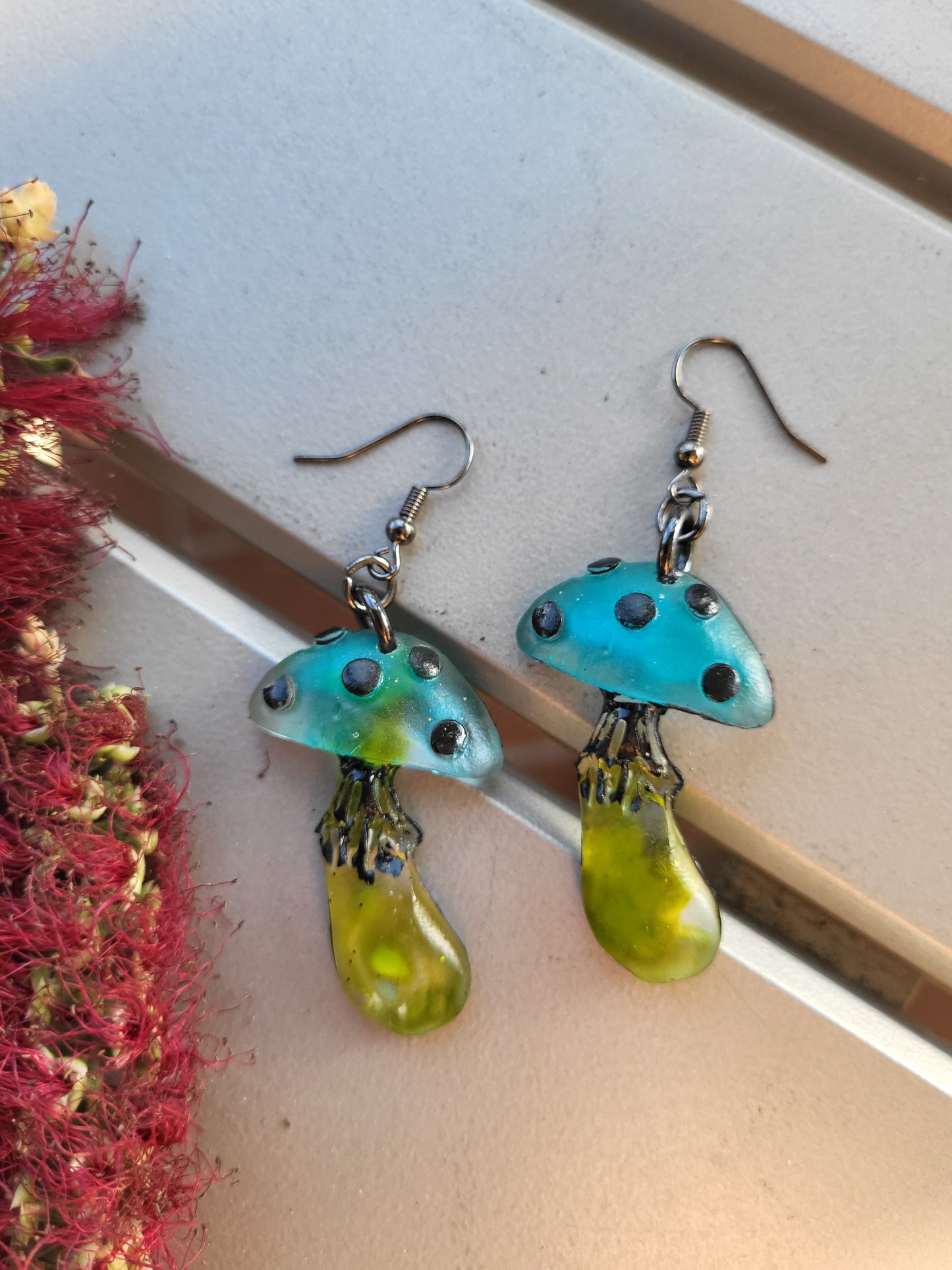 Sage Green & Blue Mushroom Hook Earrings