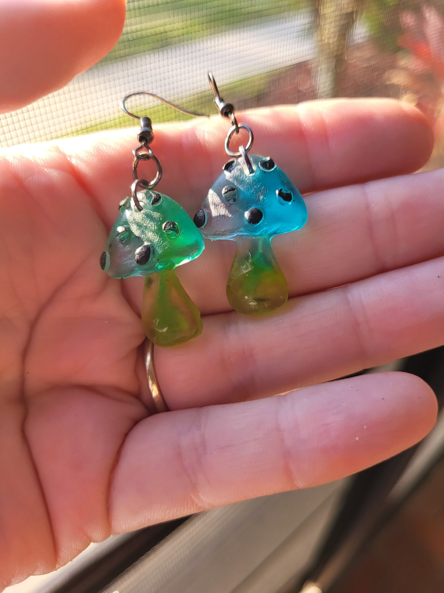 Blue and Green Small Mushroom Earrings