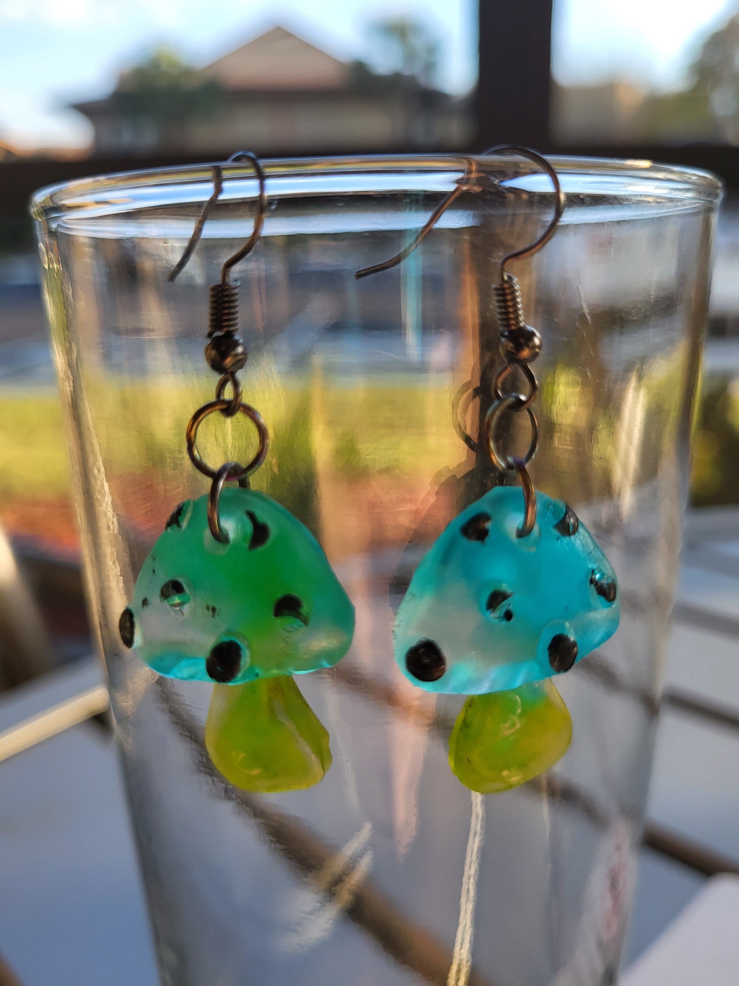 Blue and Green Small Mushroom Earrings