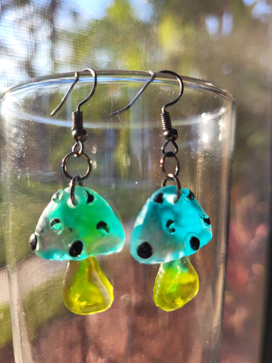 Blue and Green Small Mushroom Earrings