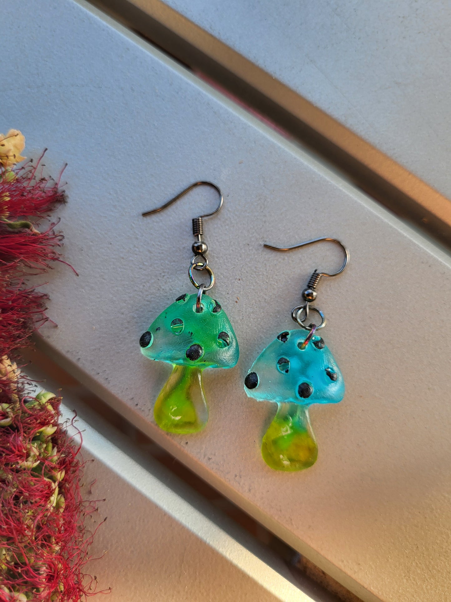 Blue and Green Small Mushroom Earrings