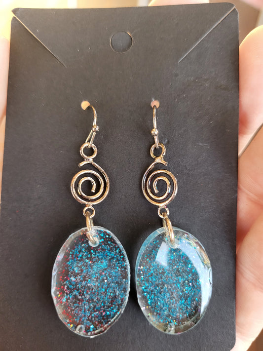 Blue Resin Oval Hook Earrings With Swirl Charm