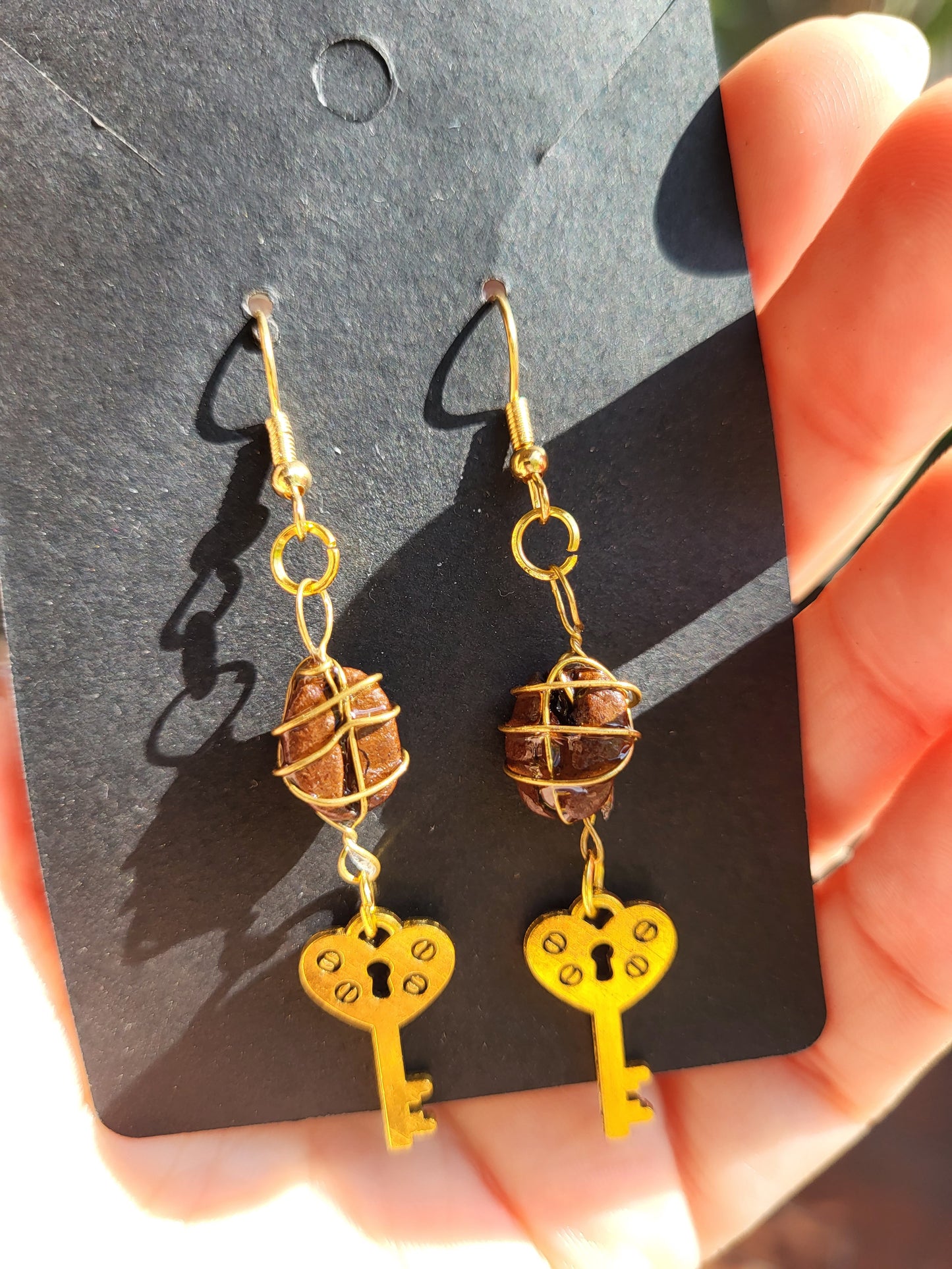 Wire Wrapped Coffee Bean Key Hook Earrings