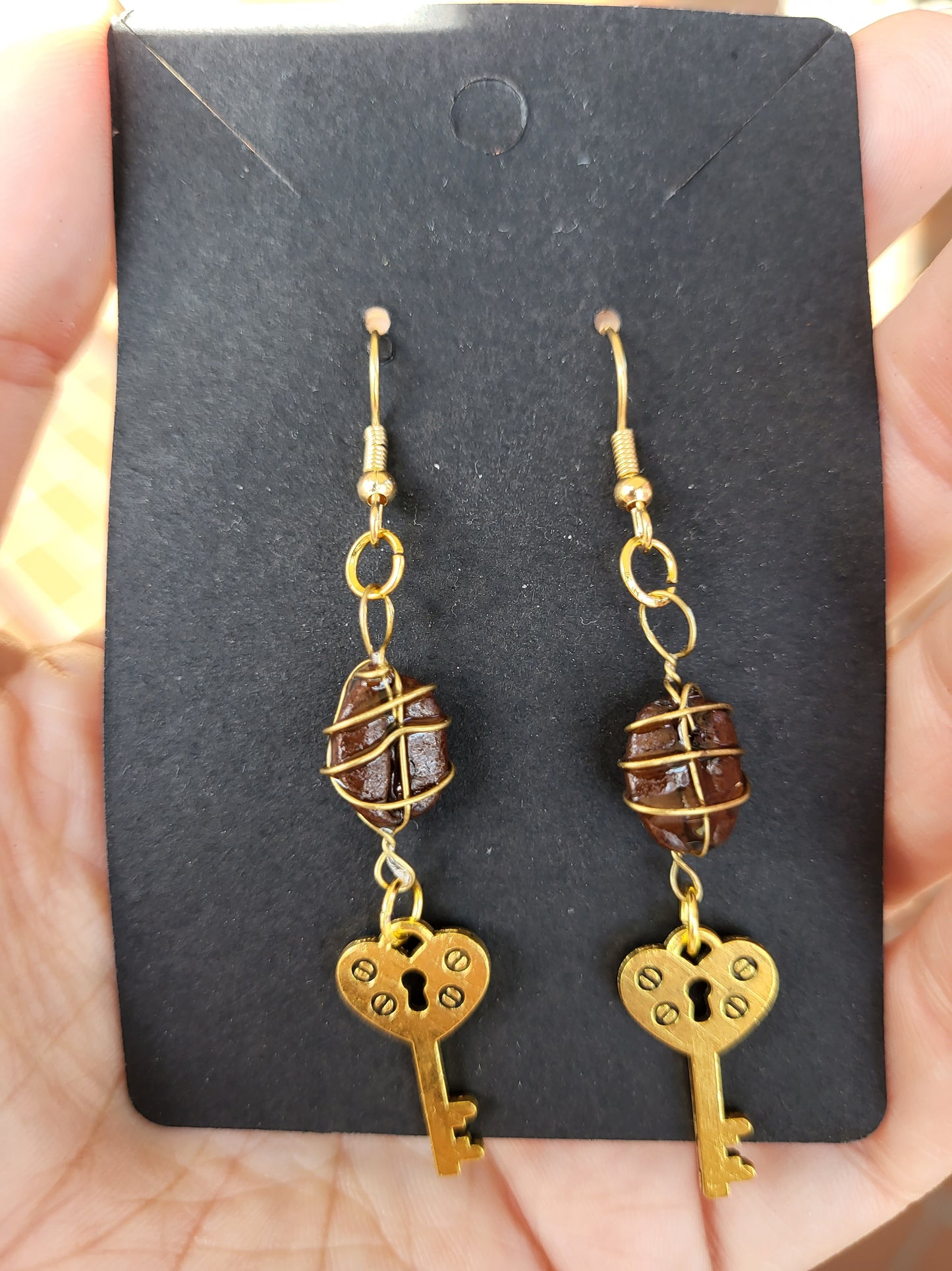 Wire Wrapped Coffee Bean Key Hook Earrings