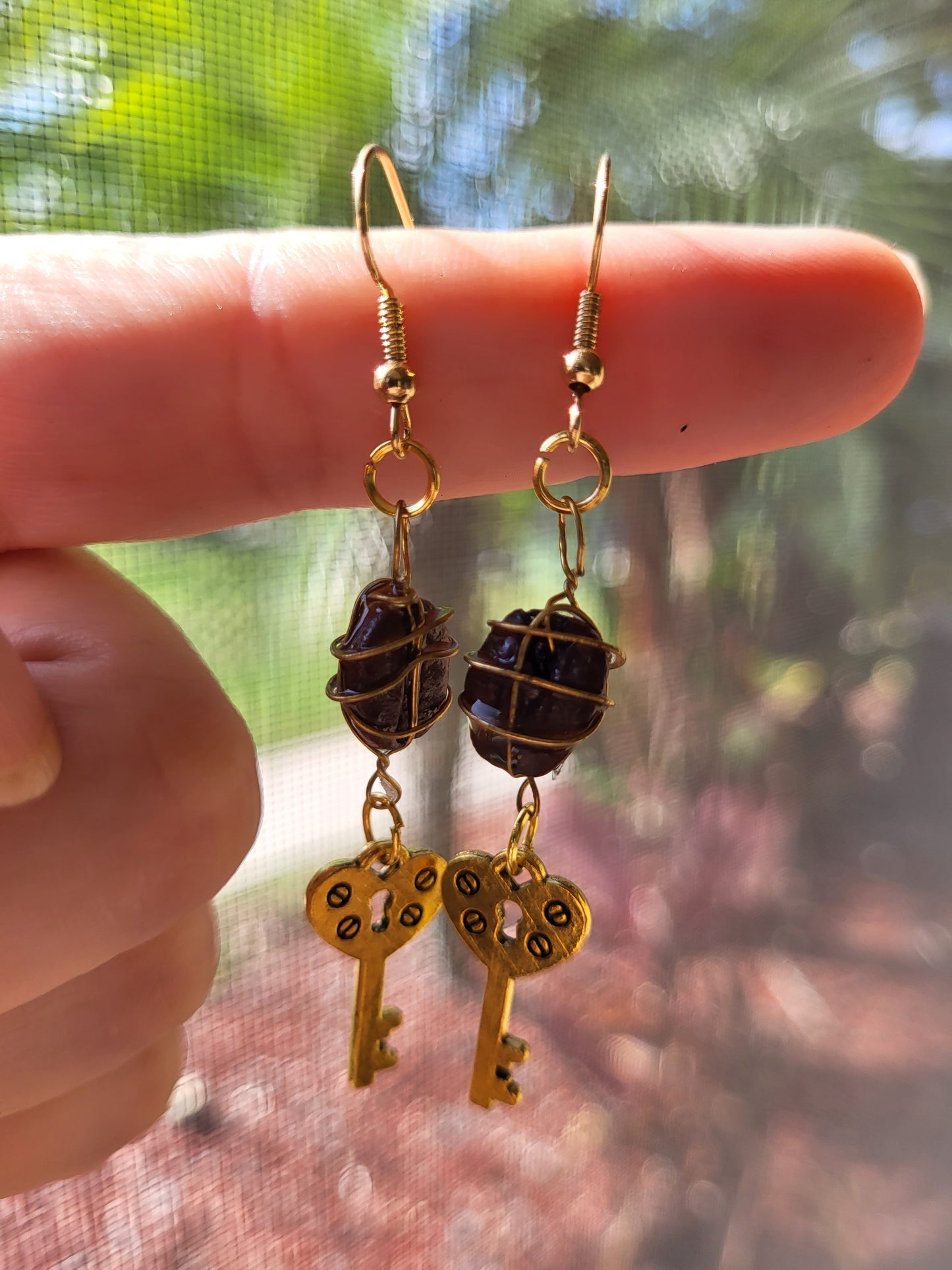 Wire Wrapped Coffee Bean Key Hook Earrings