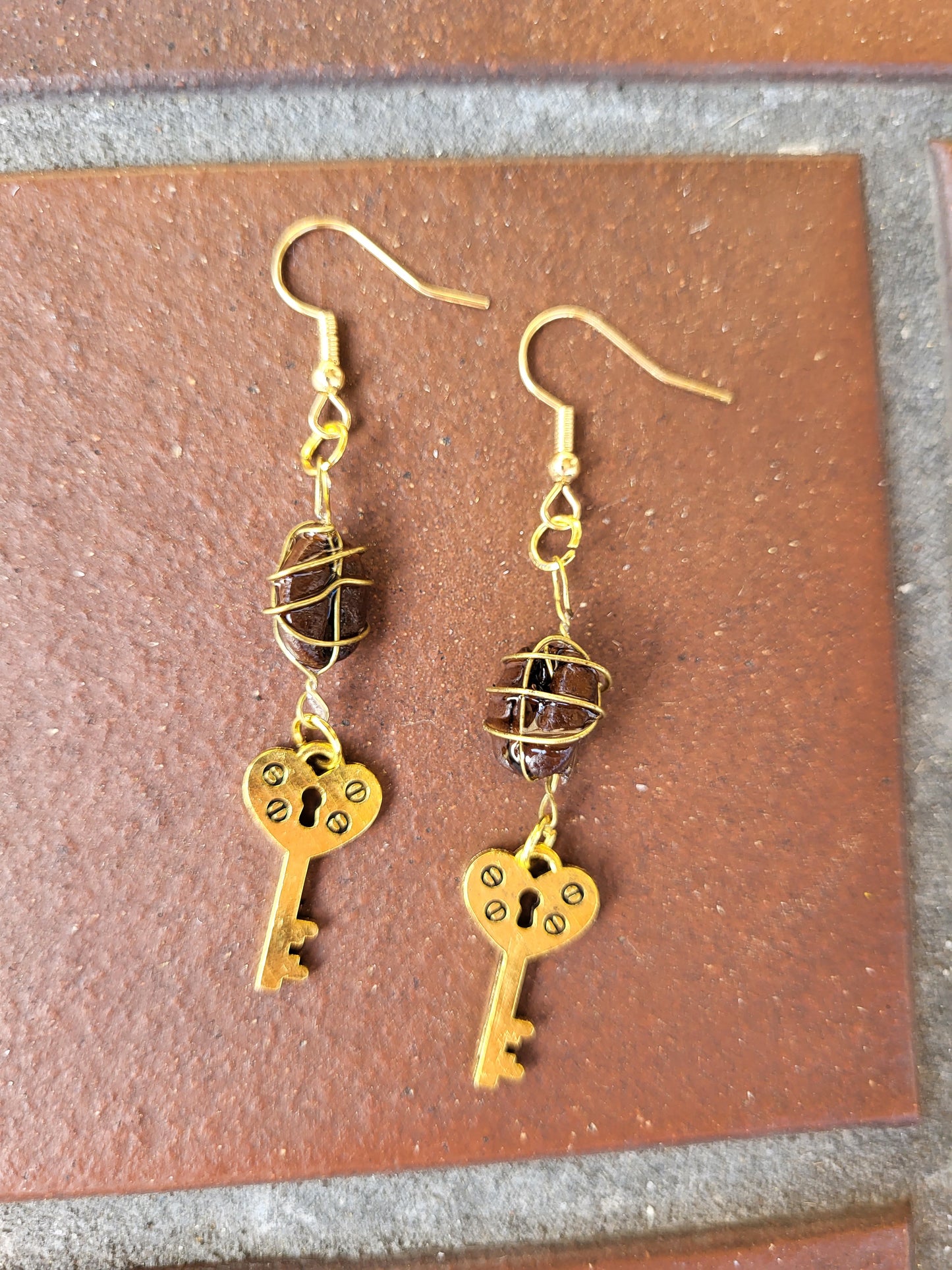 Wire Wrapped Coffee Bean Key Hook Earrings