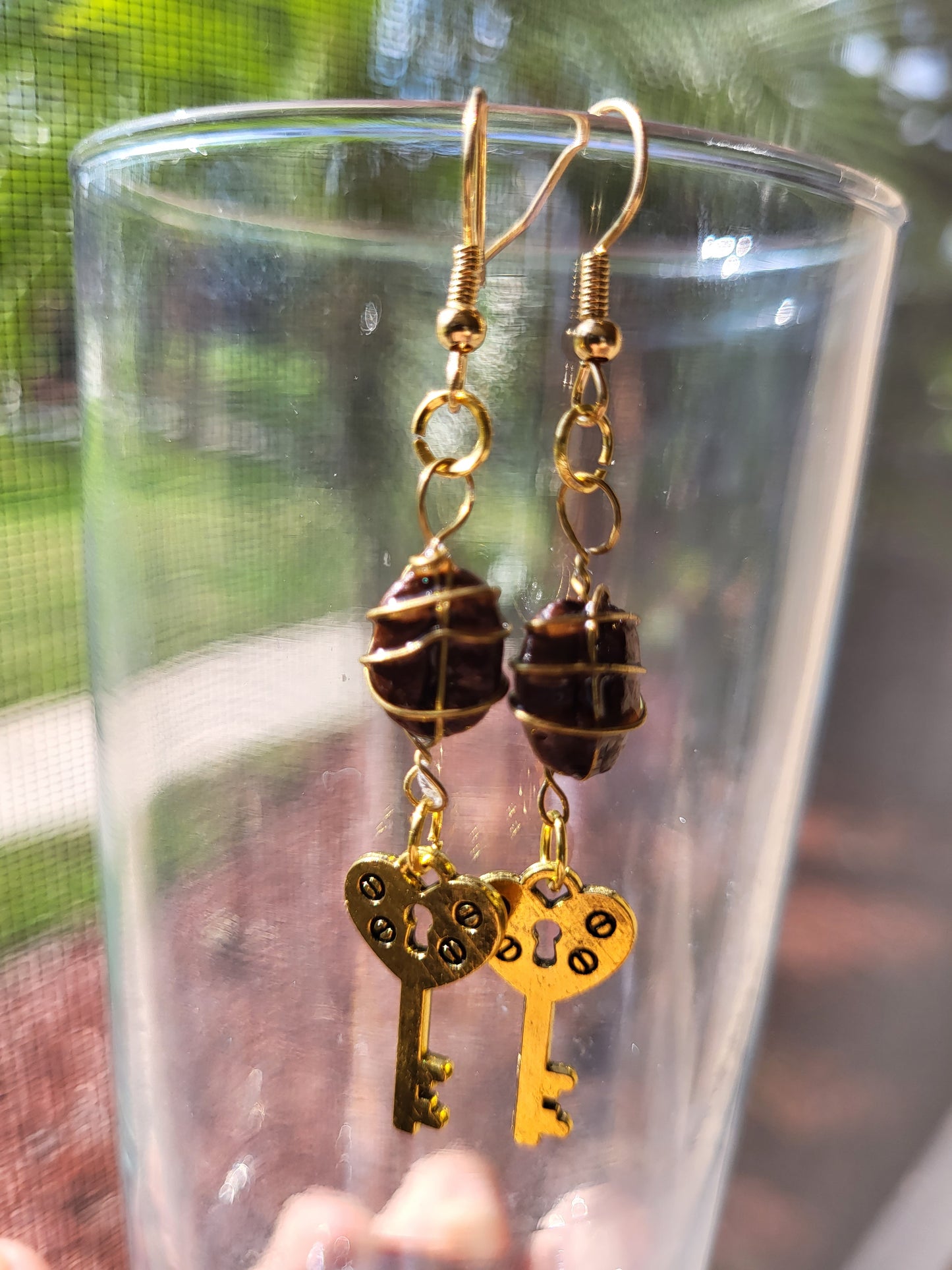 Wire Wrapped Coffee Bean Key Hook Earrings