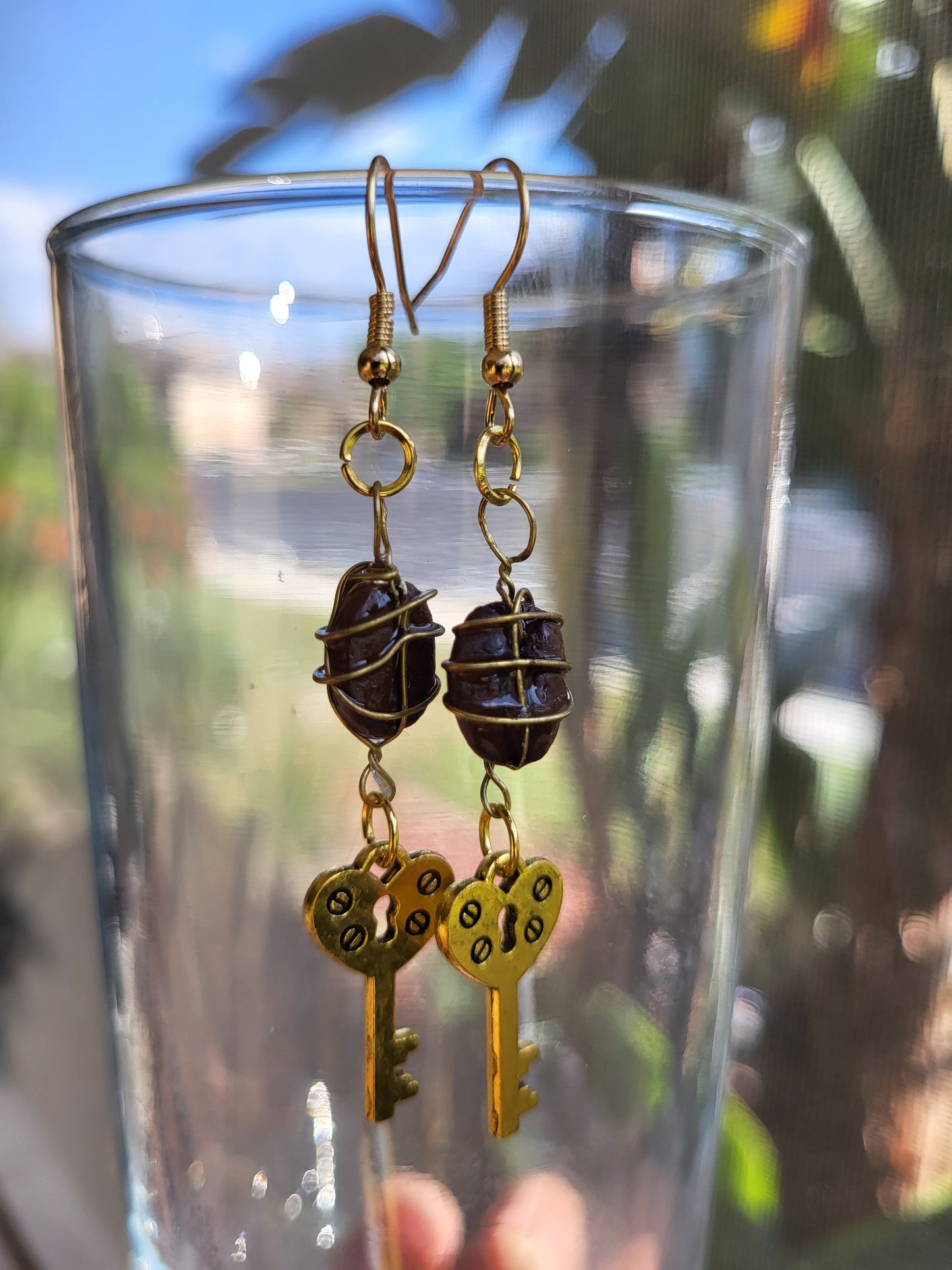 Wire Wrapped Coffee Bean Key Hook Earrings