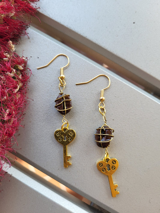 Wire Wrapped Coffee Bean Key Hook Earrings