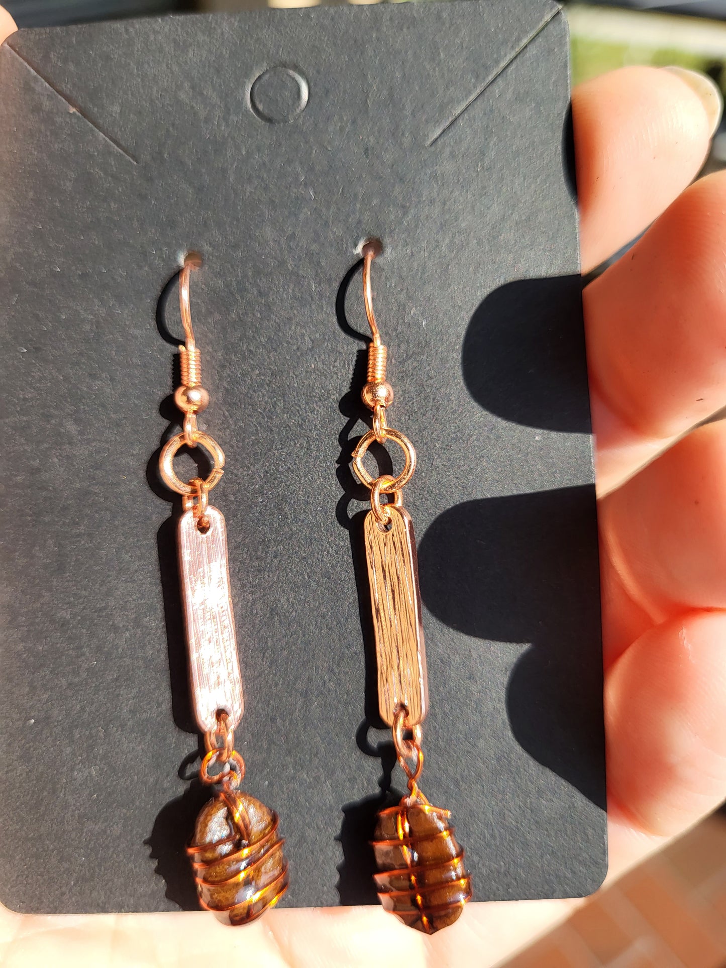 Copper Wire Wrapped Coffee Bean Hook Earrings