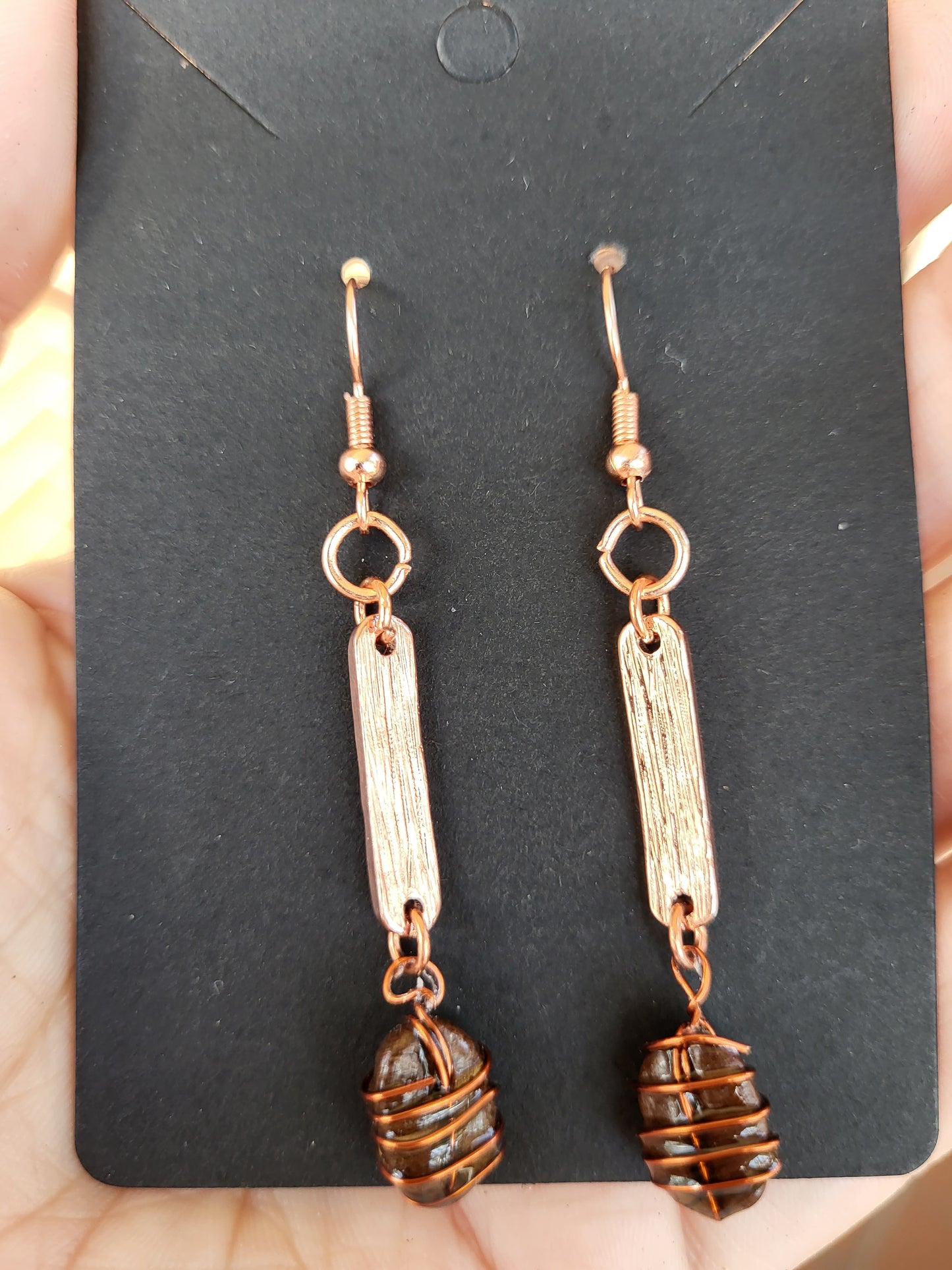 Copper Wire Wrapped Coffee Bean Hook Earrings