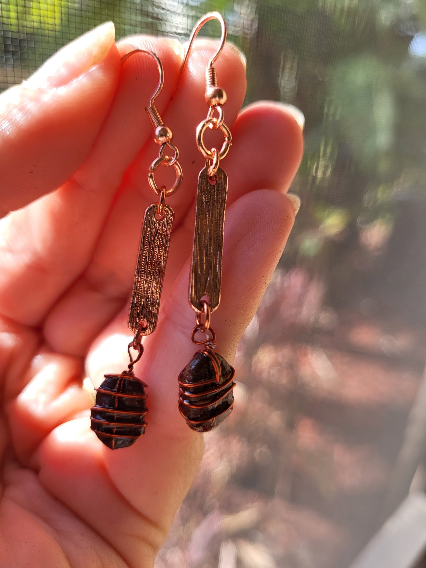 Copper Wire Wrapped Coffee Bean Hook Earrings