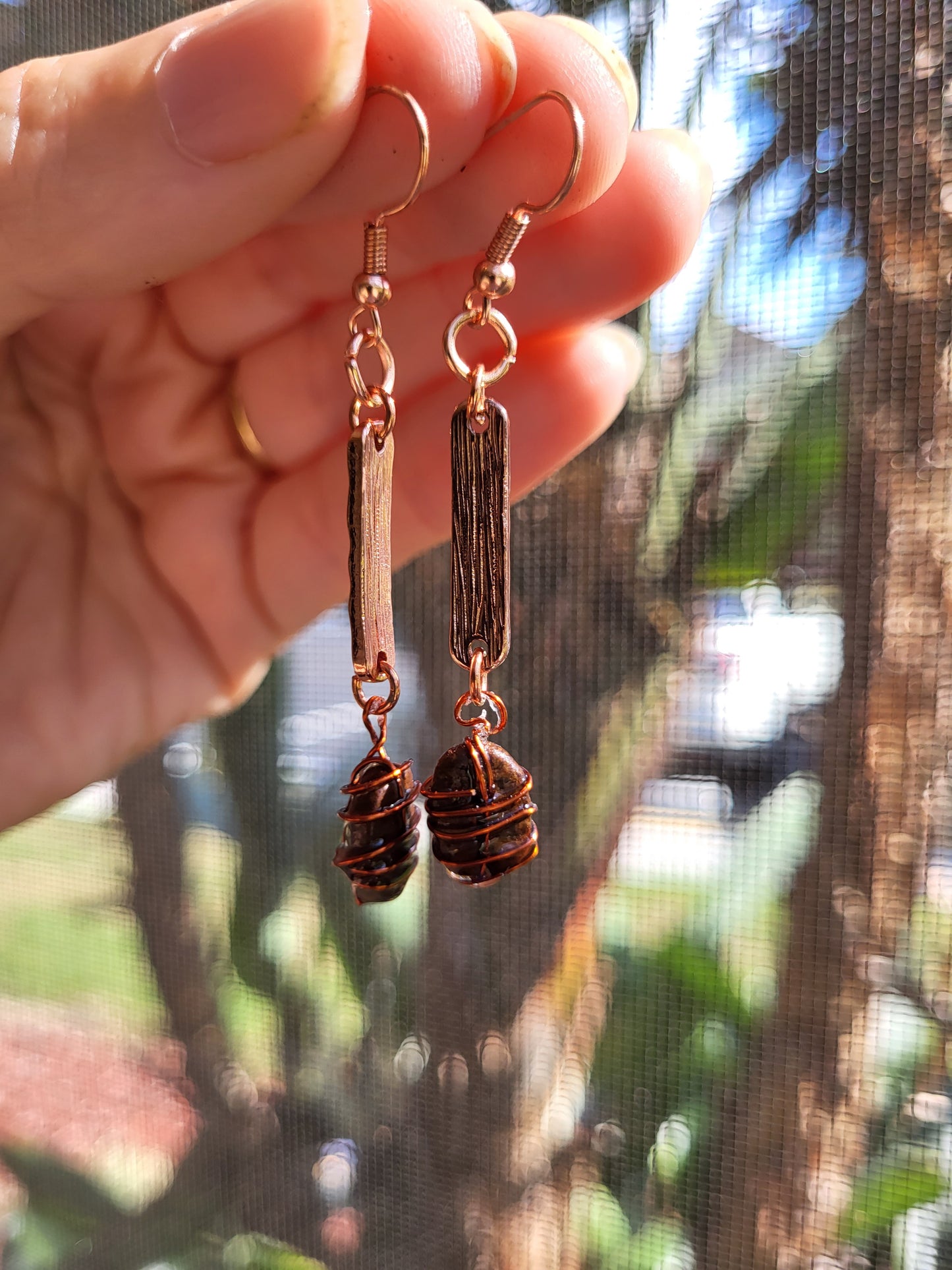 Copper Wire Wrapped Coffee Bean Hook Earrings