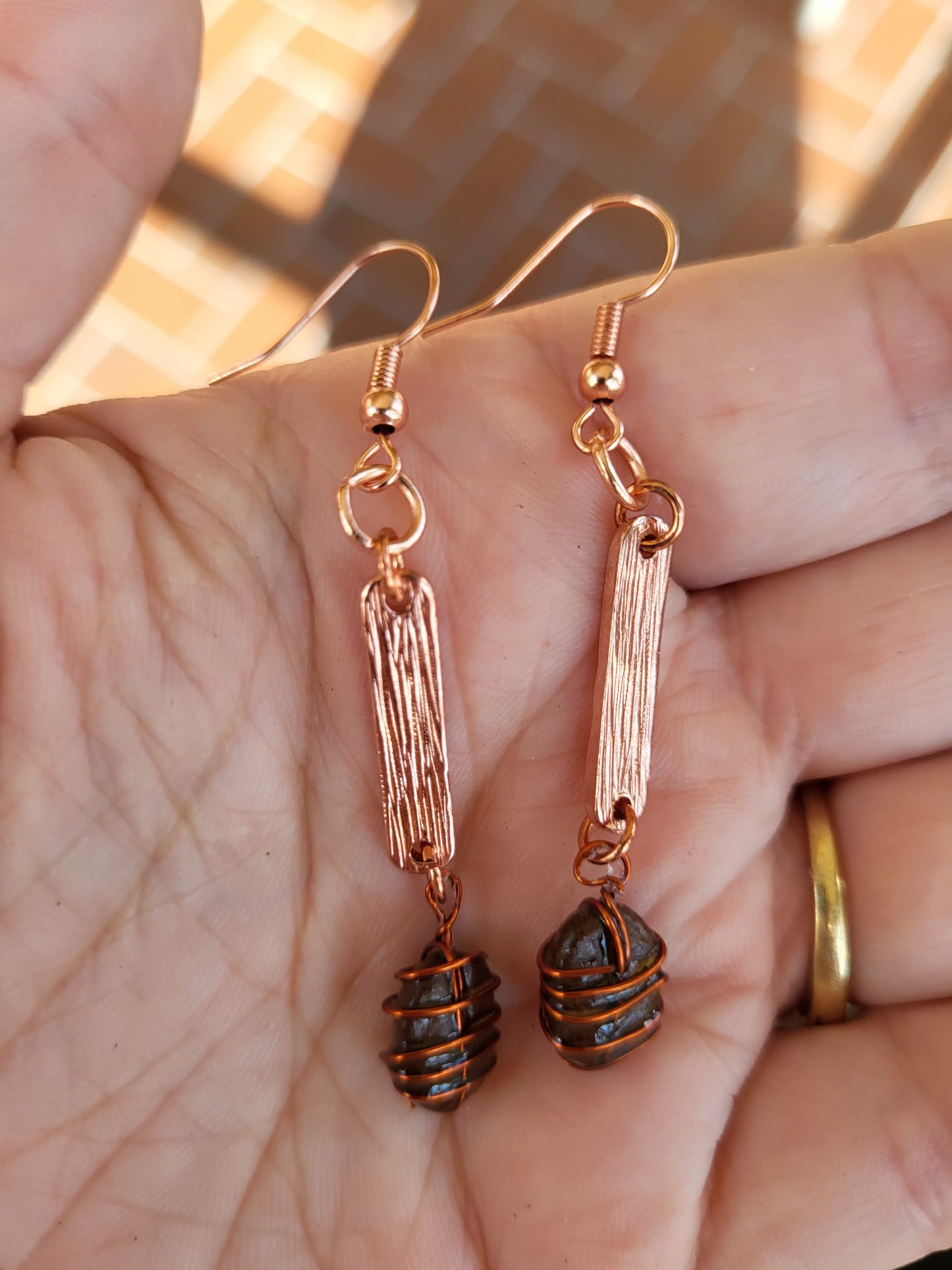 Copper Wire Wrapped Coffee Bean Hook Earrings