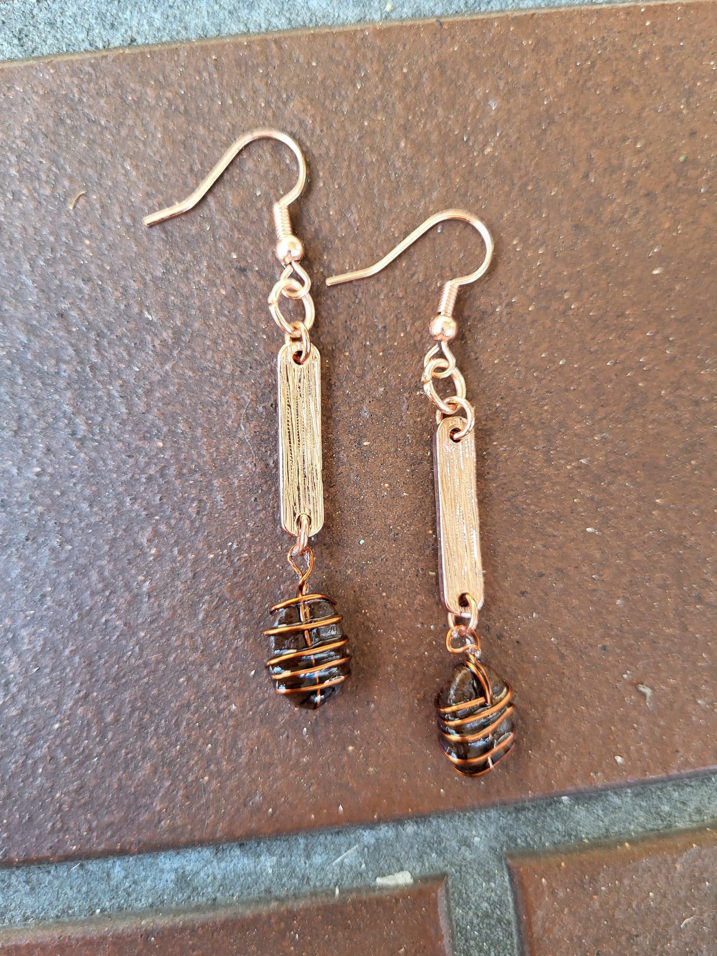 Copper Wire Wrapped Coffee Bean Hook Earrings