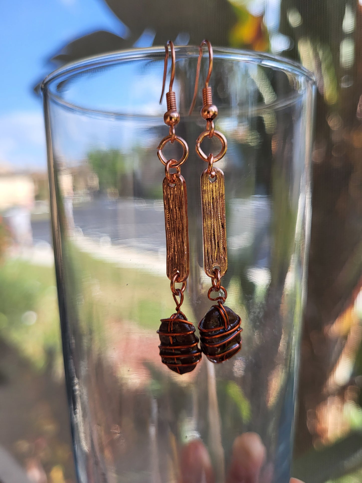 Copper Wire Wrapped Coffee Bean Hook Earrings