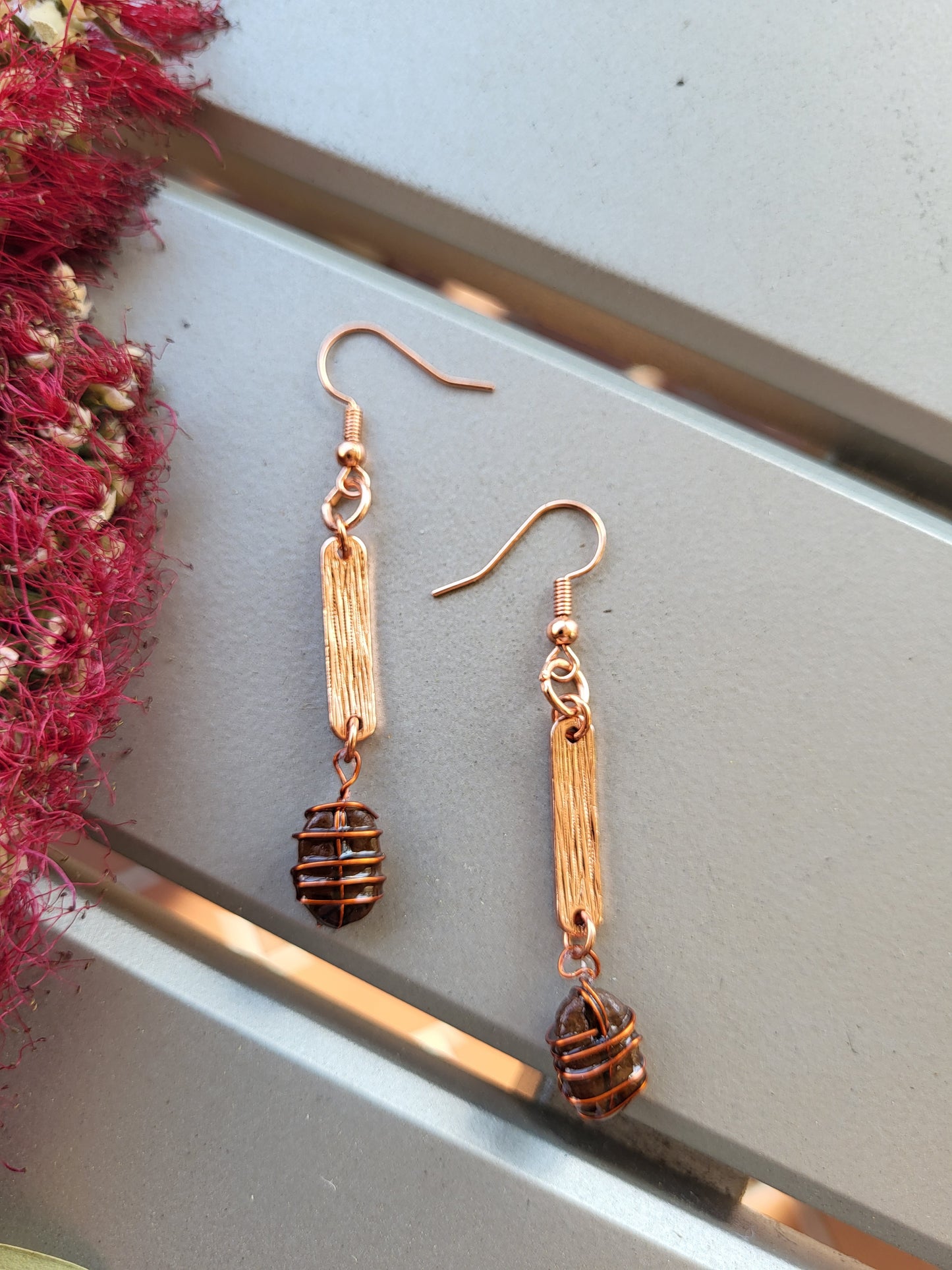 Copper Wire Wrapped Coffee Bean Hook Earrings