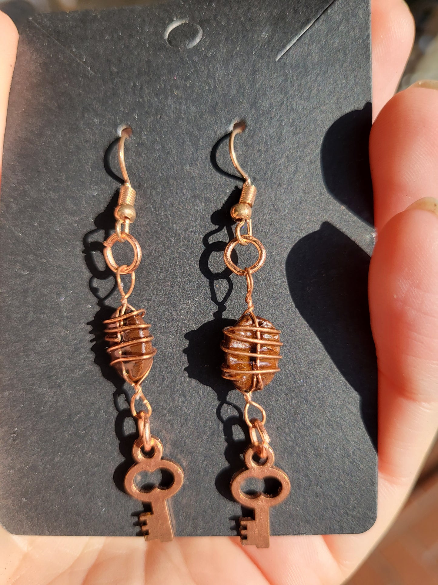 Gold Wire Wrapped Coffee Bean Key Hook Earrings