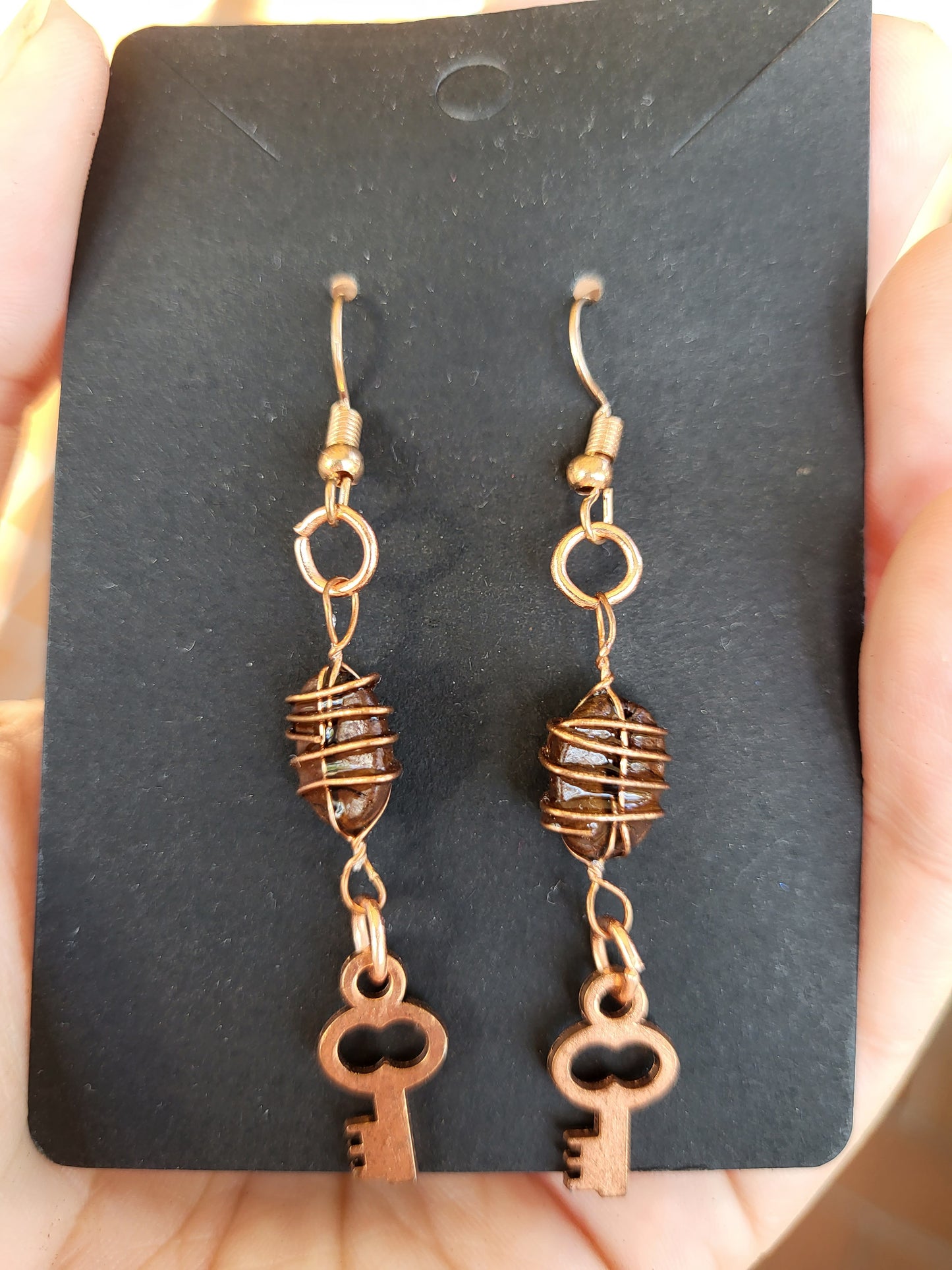 Gold Wire Wrapped Coffee Bean Key Hook Earrings