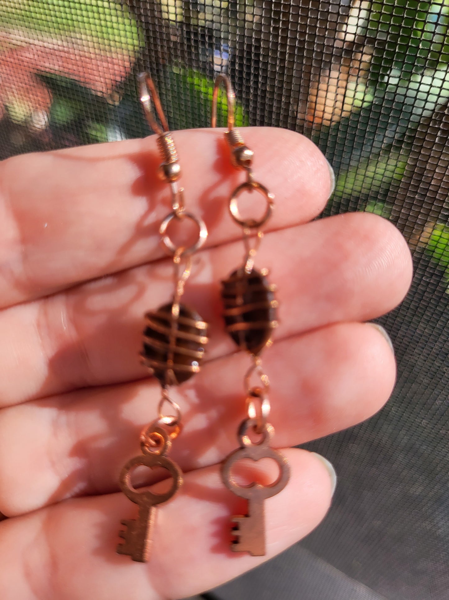 Gold Wire Wrapped Coffee Bean Key Hook Earrings