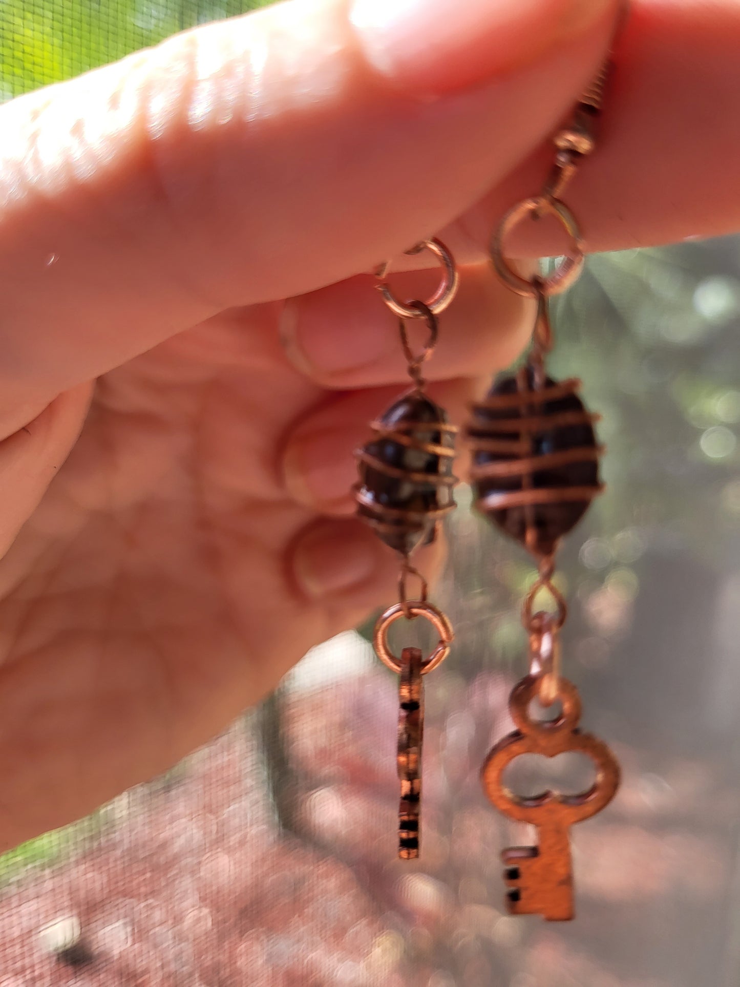 Gold Wire Wrapped Coffee Bean Key Hook Earrings