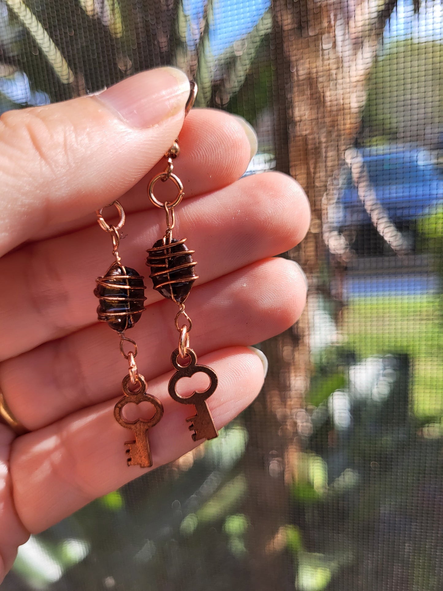 Gold Wire Wrapped Coffee Bean Key Hook Earrings