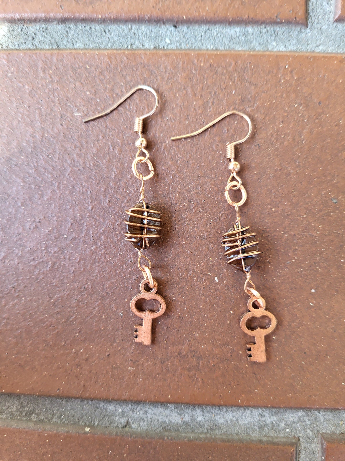 Gold Wire Wrapped Coffee Bean Key Hook Earrings