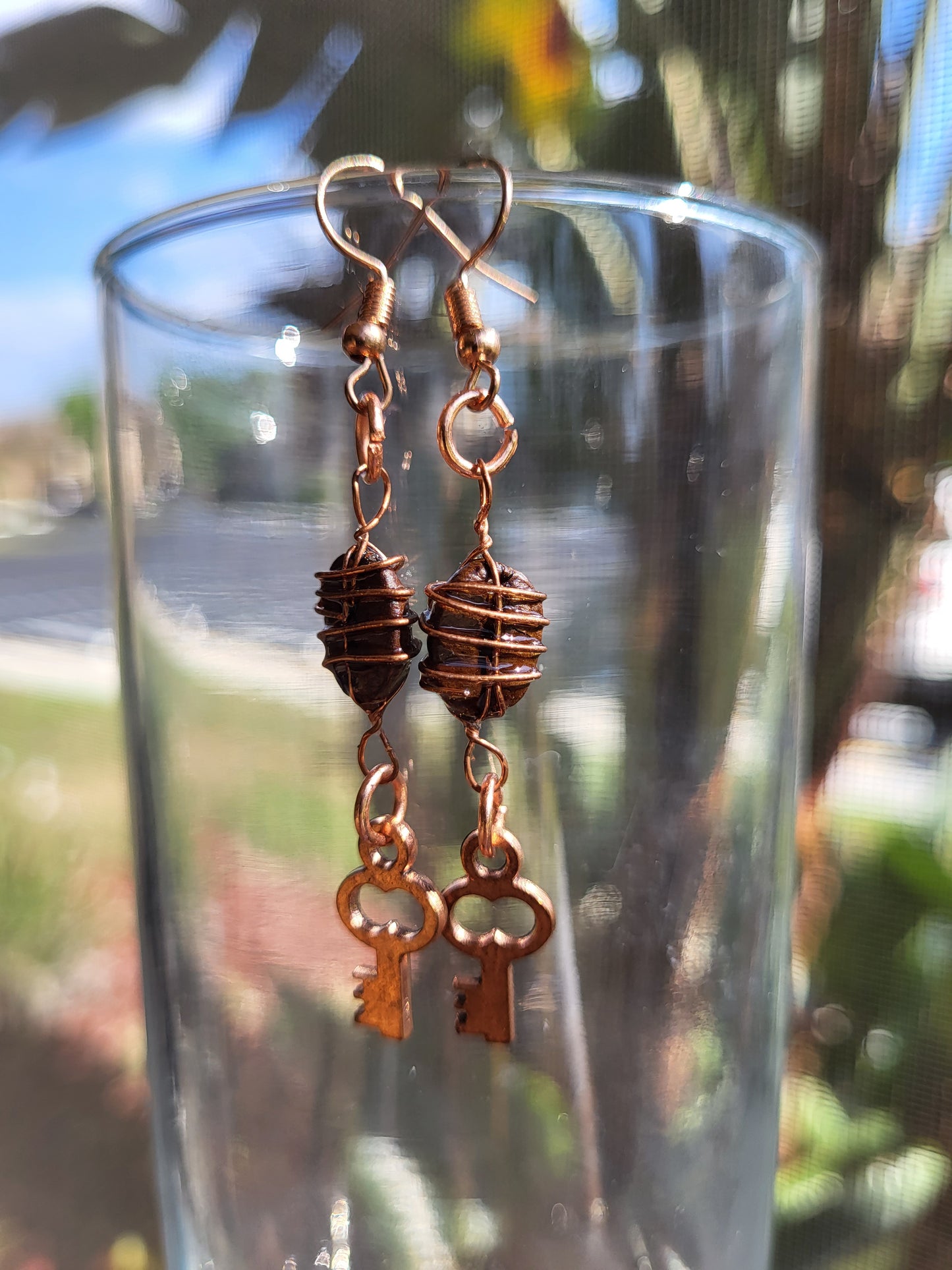 Gold Wire Wrapped Coffee Bean Key Hook Earrings